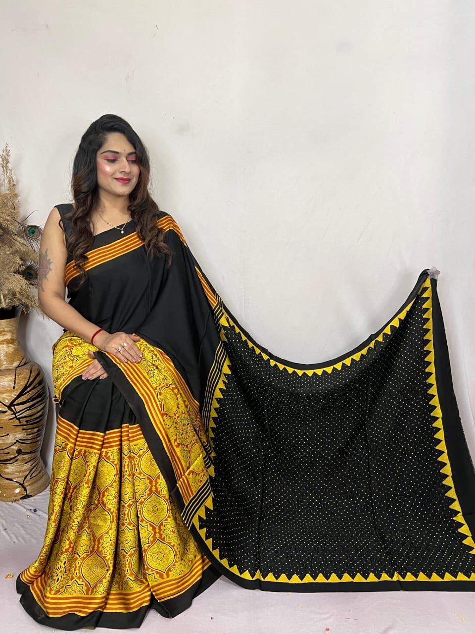 Ajrakh Modal Silk Natural Hand Block Print Saree (Black & yellow)