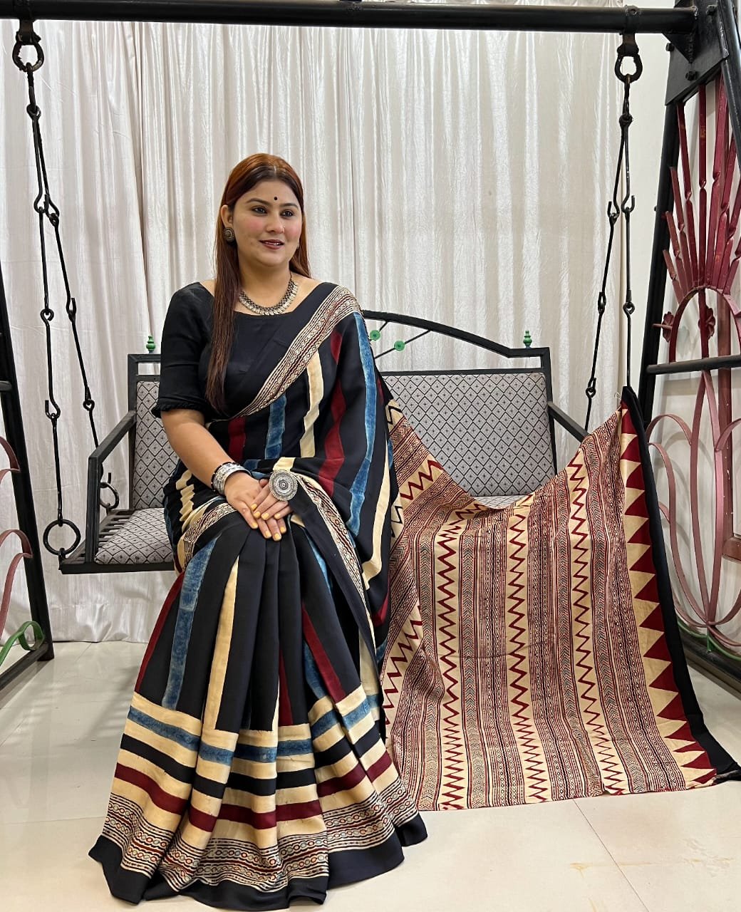 Ajrakh Modal Silk Natural Hand Block Print Saree - Black & Red 