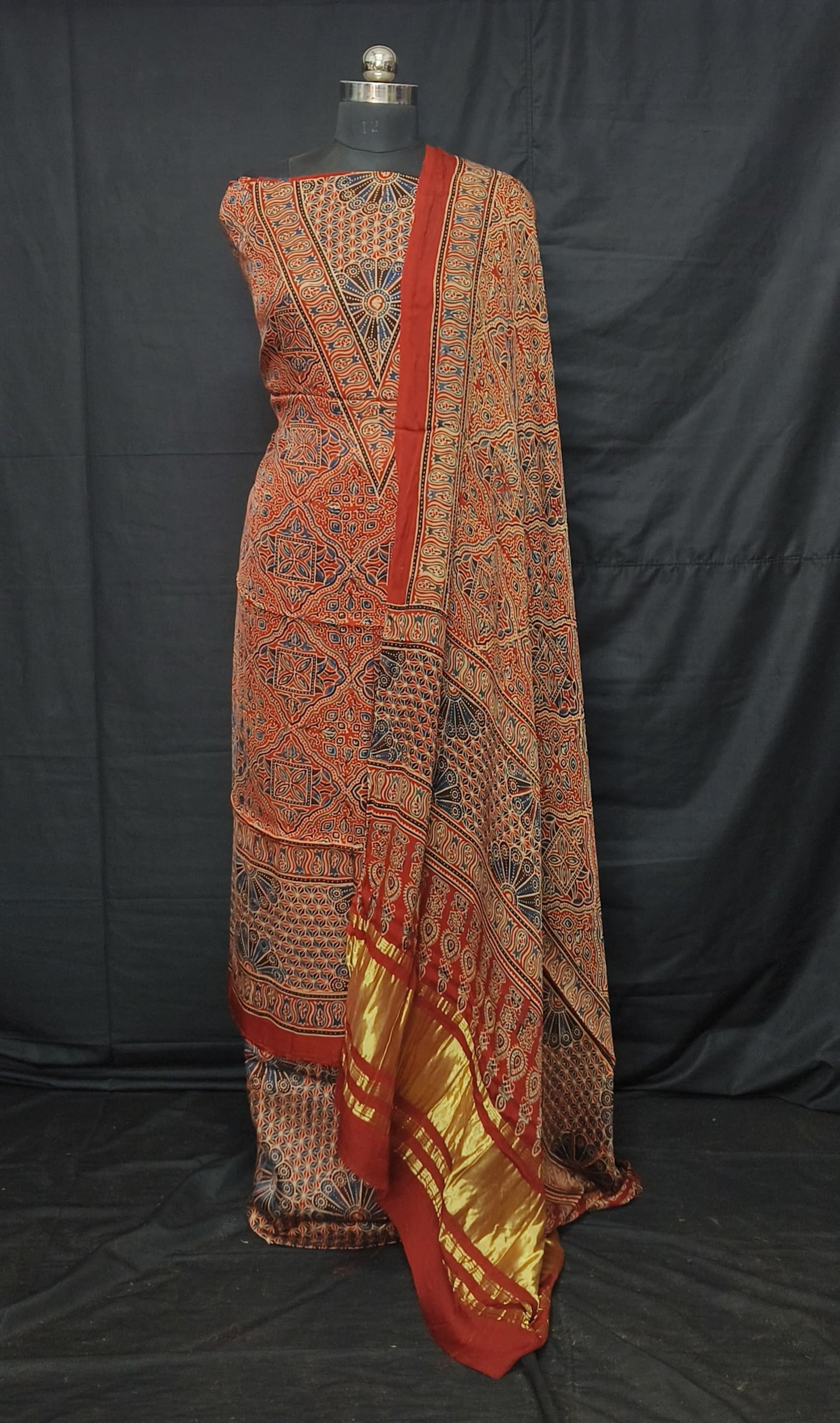 Ajrakh Modal Silk Natural Hand Block Print 3Pcs Suit - Red 