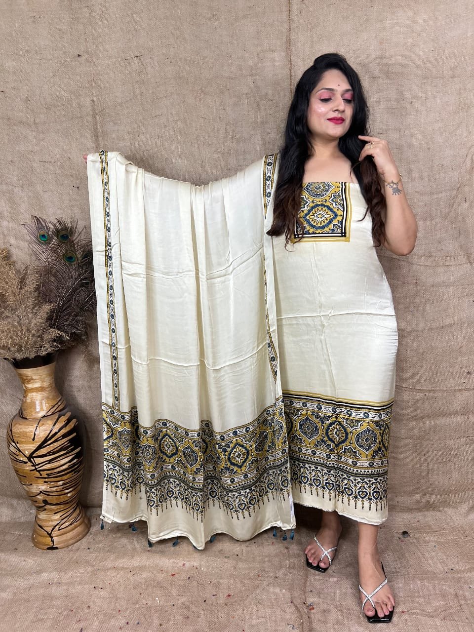 Ajrakh Modal Silk Natural Hand Block Print 2Pcs Suit - Cream 