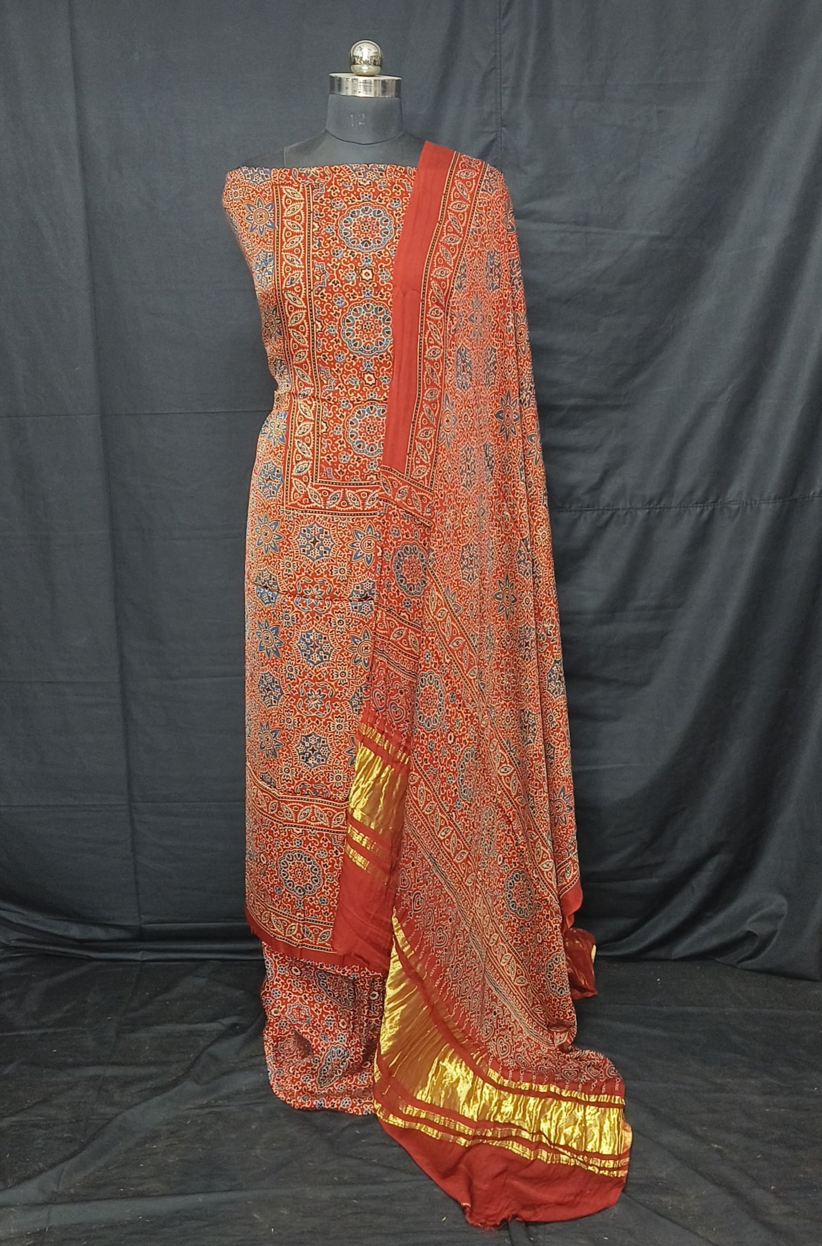 Ajrakh Modal Silk Natural Hand Block Print 3Pcs Suit - Red 