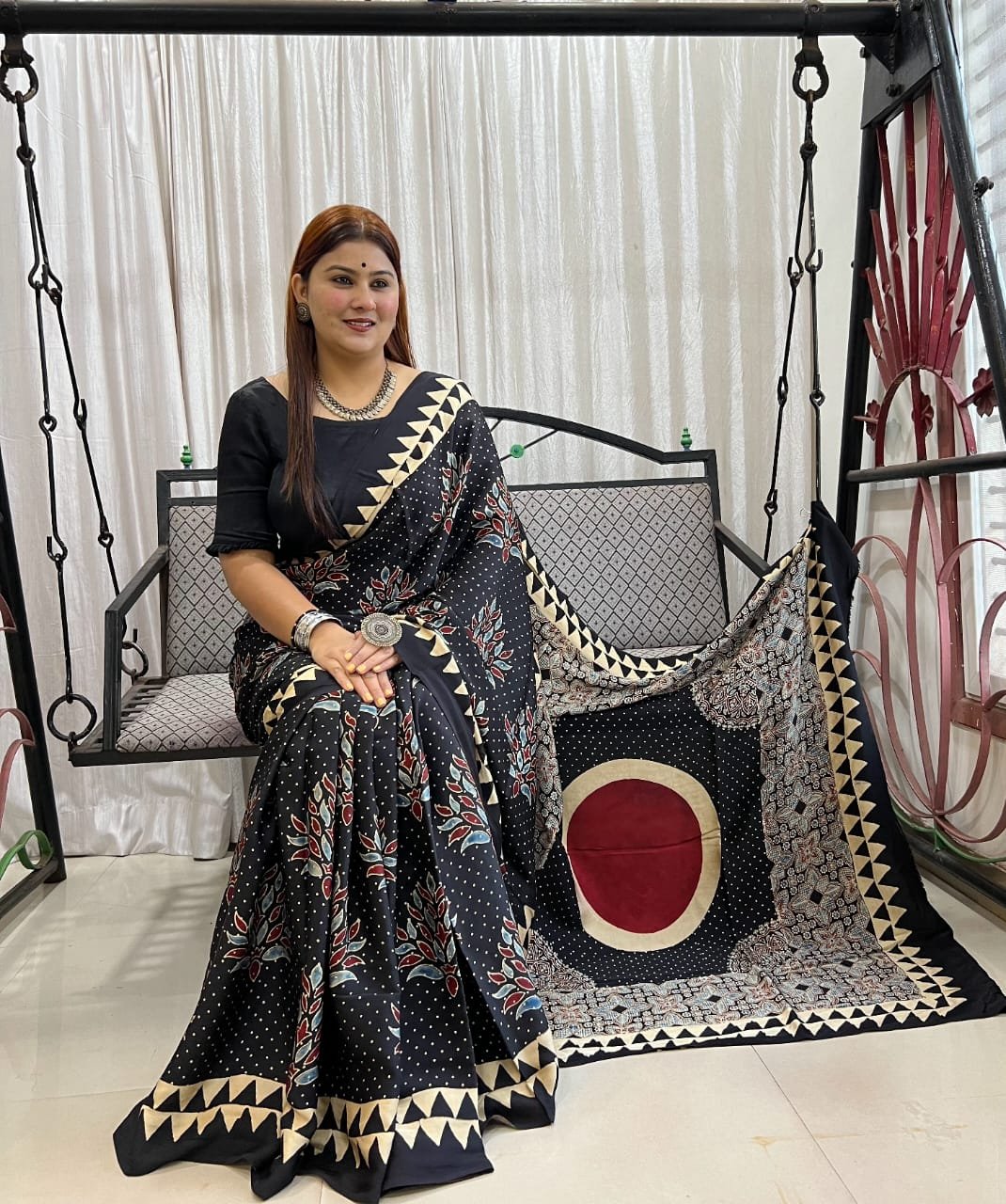 Ajrakh Modal Silk Natural Hand Block Print Saree - Black 