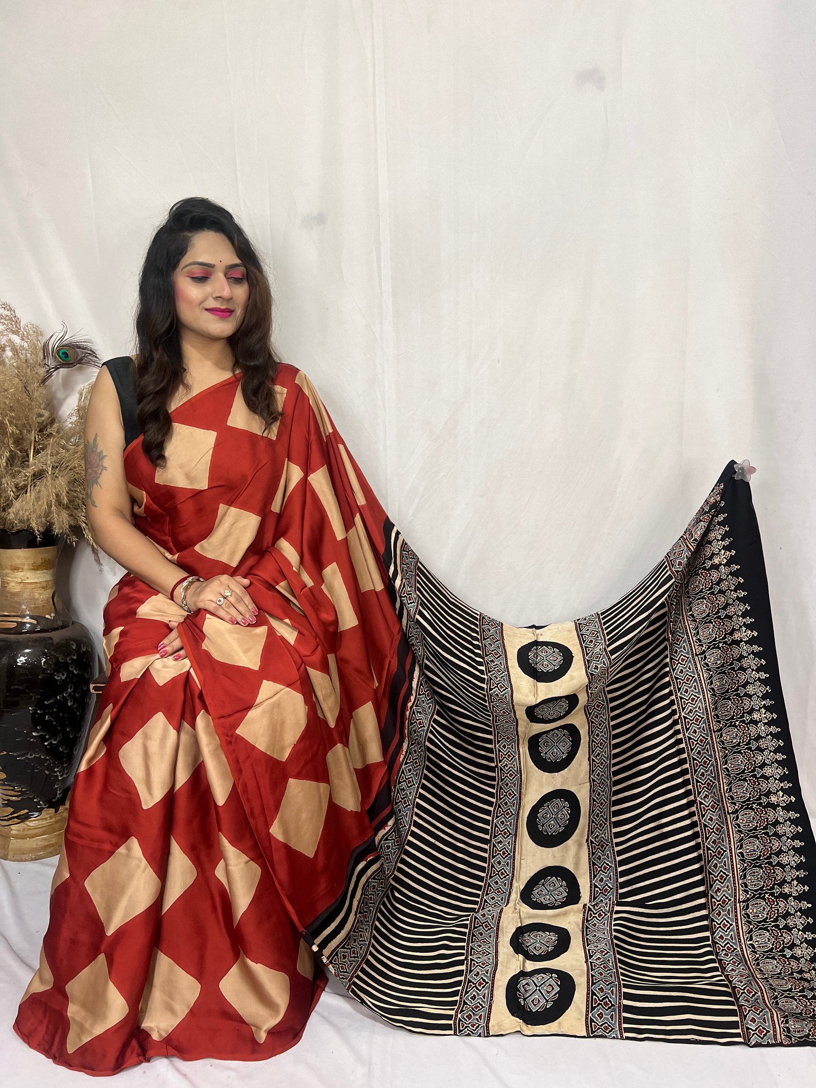 Ajrakh Modal Silk Natural Hand Block Print With Natural clamp daying Saree 