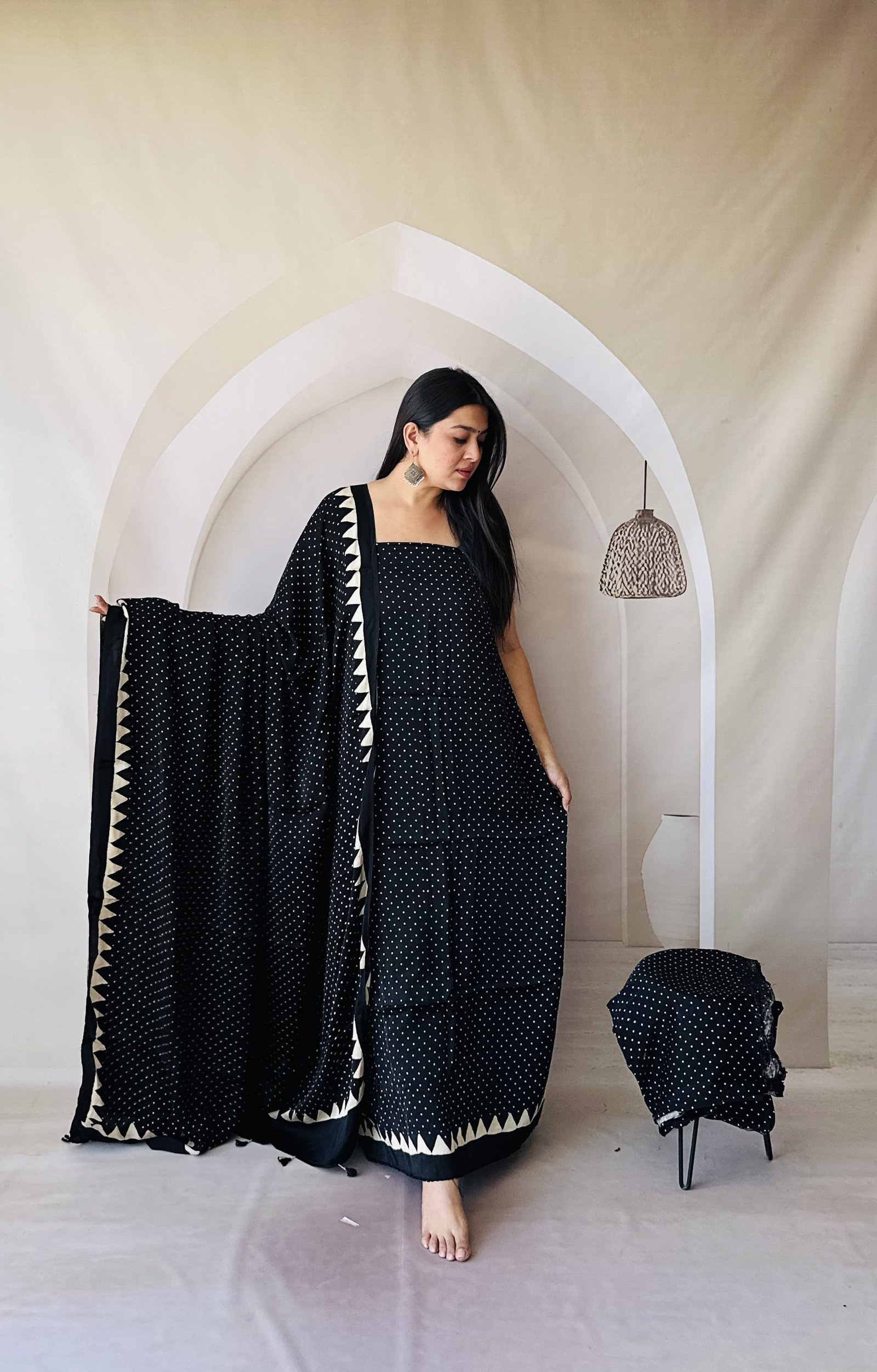 Ajrakh Modal Silk Natural Hand Block Print 3pc suit(Black)