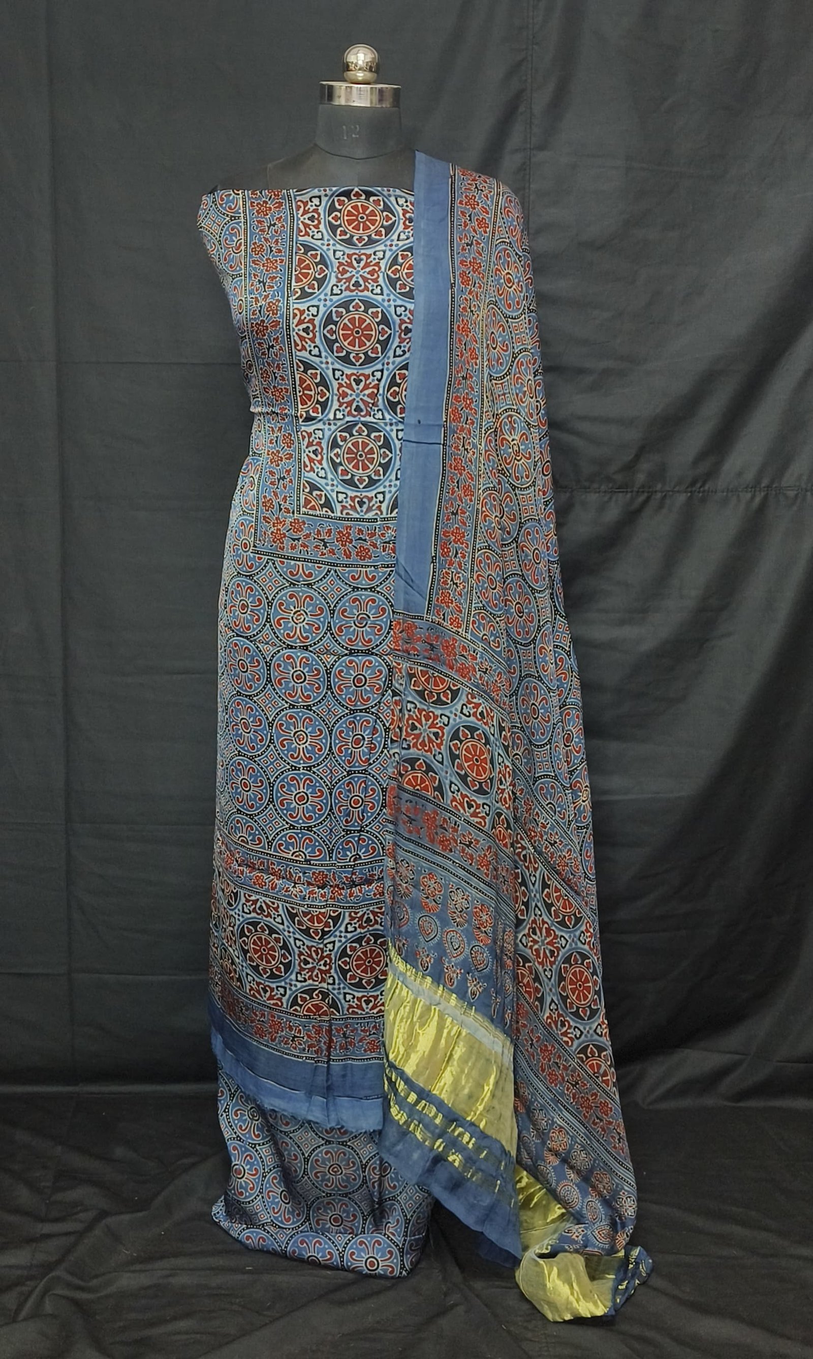 Ajrakh Modal Silk Natural Hand Block Print 3Pcs Suit - Blue 