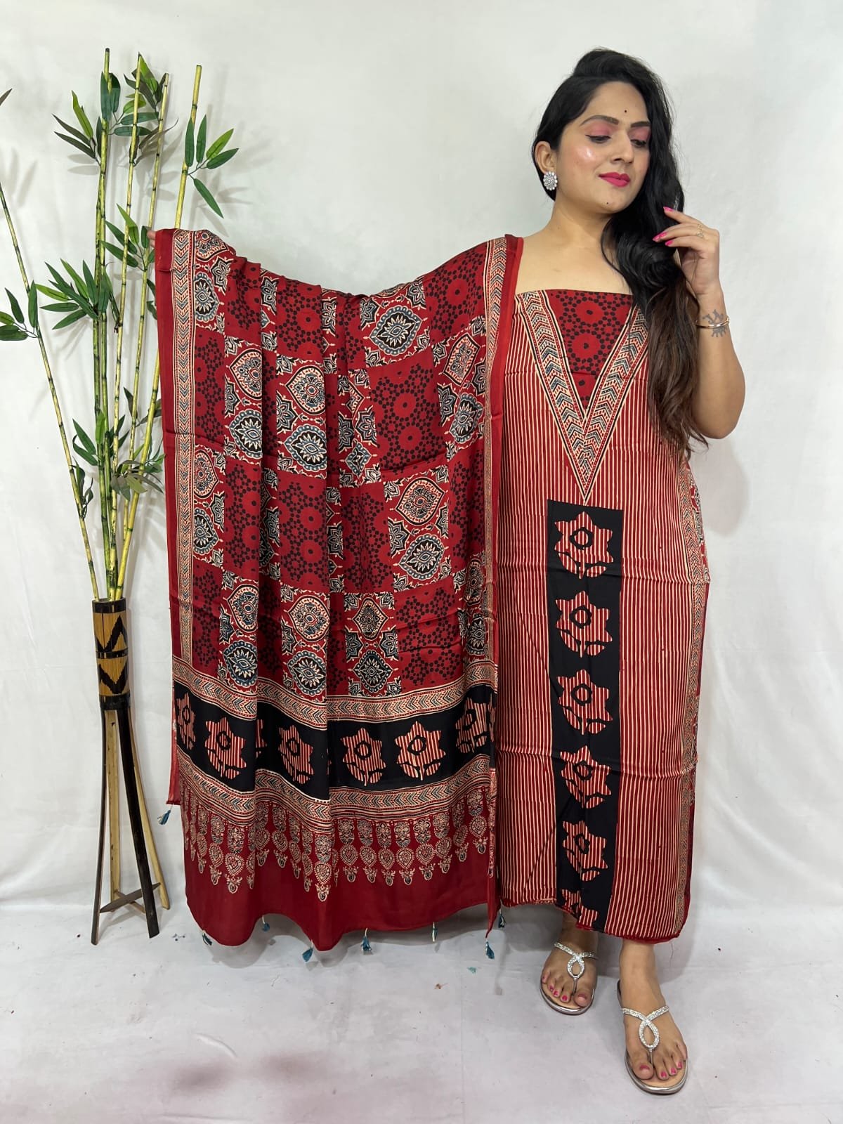 Ajarkh Modal Silk Natural Hand Block Print 2Pcs Suit - Red 