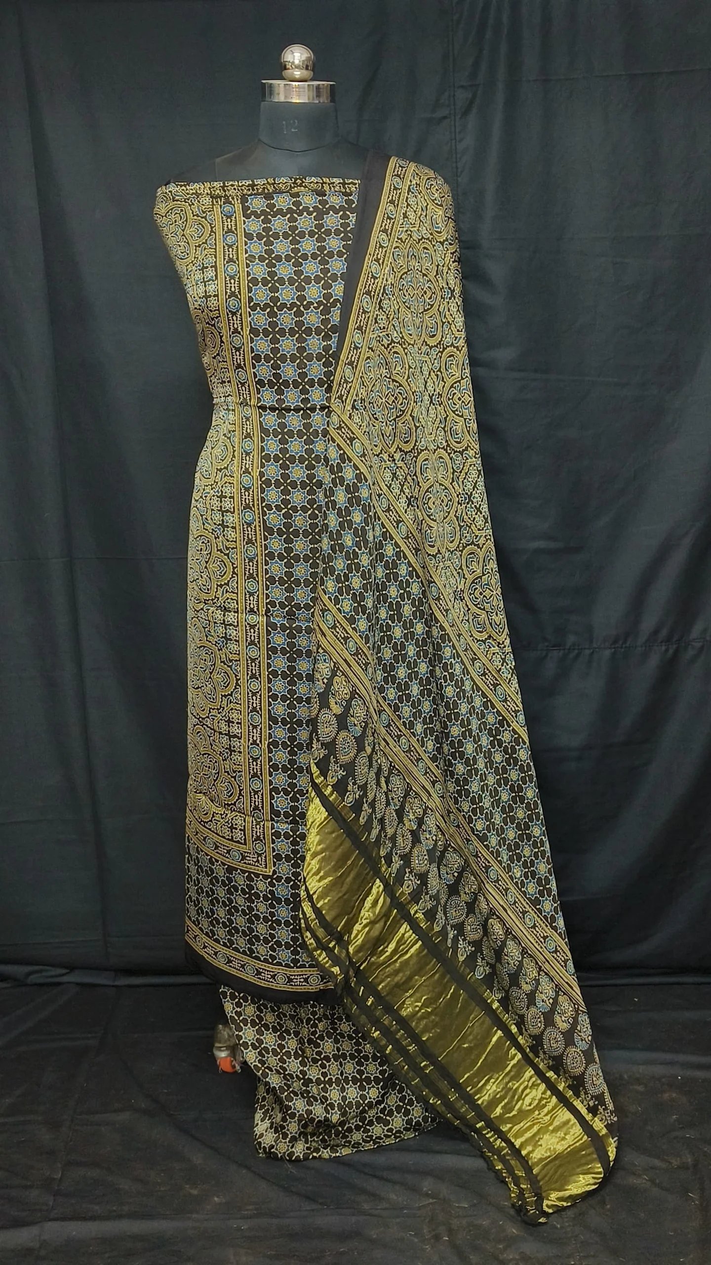 Ajrakh Modal Silk Natural Hand Block Print 3Pcs Suit - Black 