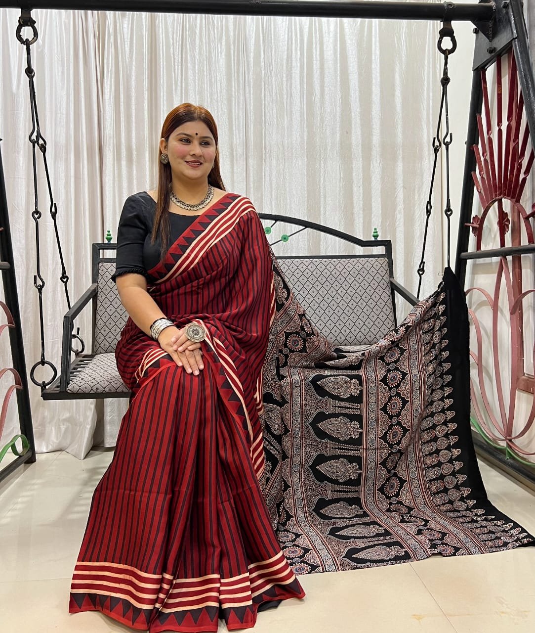 Ajrakh Modal Silk Natural Hand Block Print Saree - Red & Black 