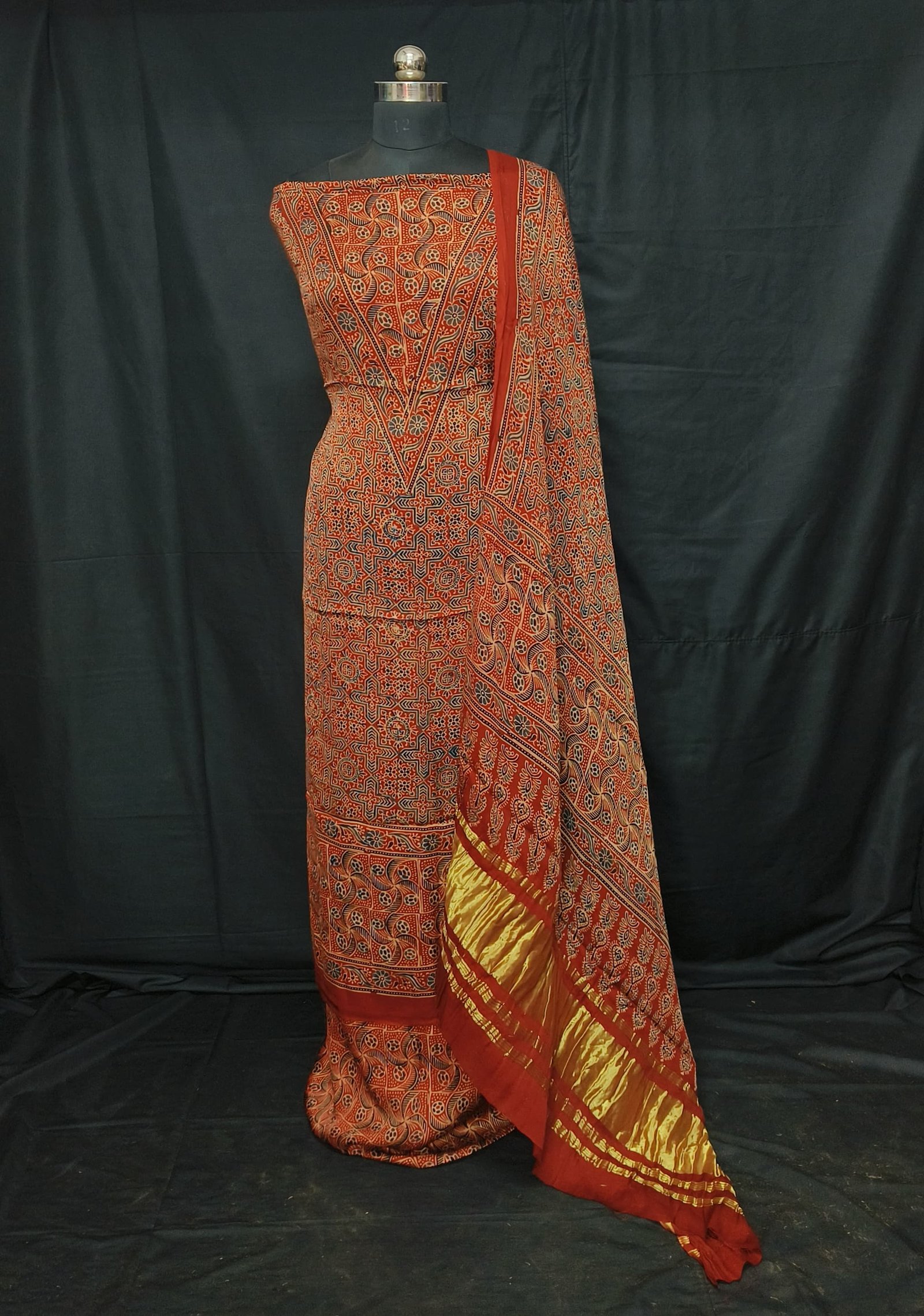 Ajrakh Modal Silk Natural Hand Block Print 3Pcs Suit - Red 