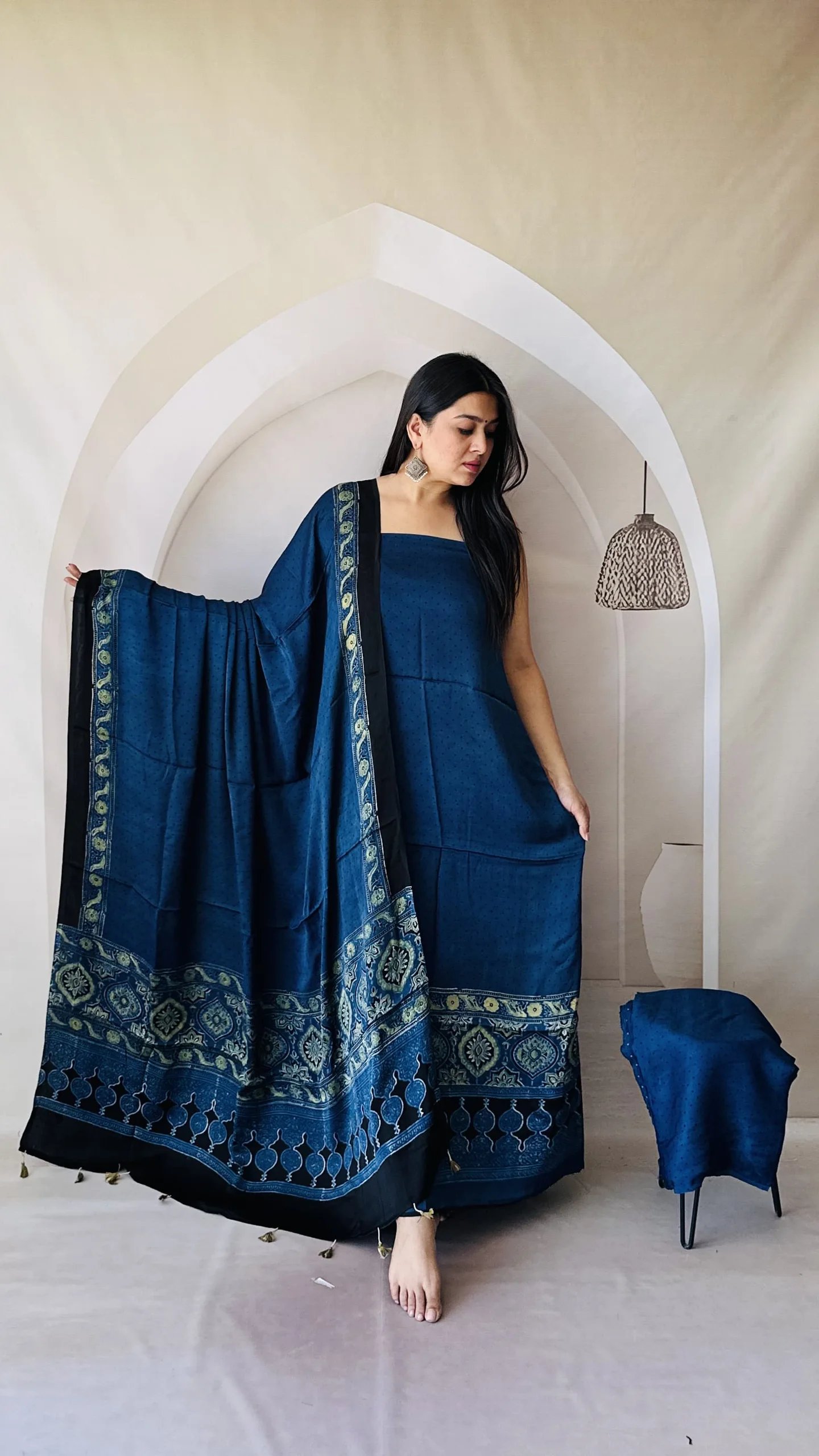 Ajrakh Modal Silk Natural Hand Block Print 3Pcs Suit - Indigo Blue 