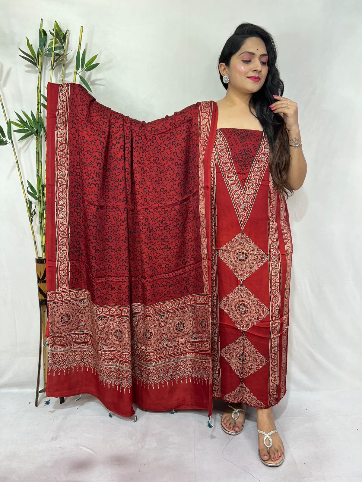 Ajarkh Modal Silk Natural Hand Block Print 2Pcs Suit - Red