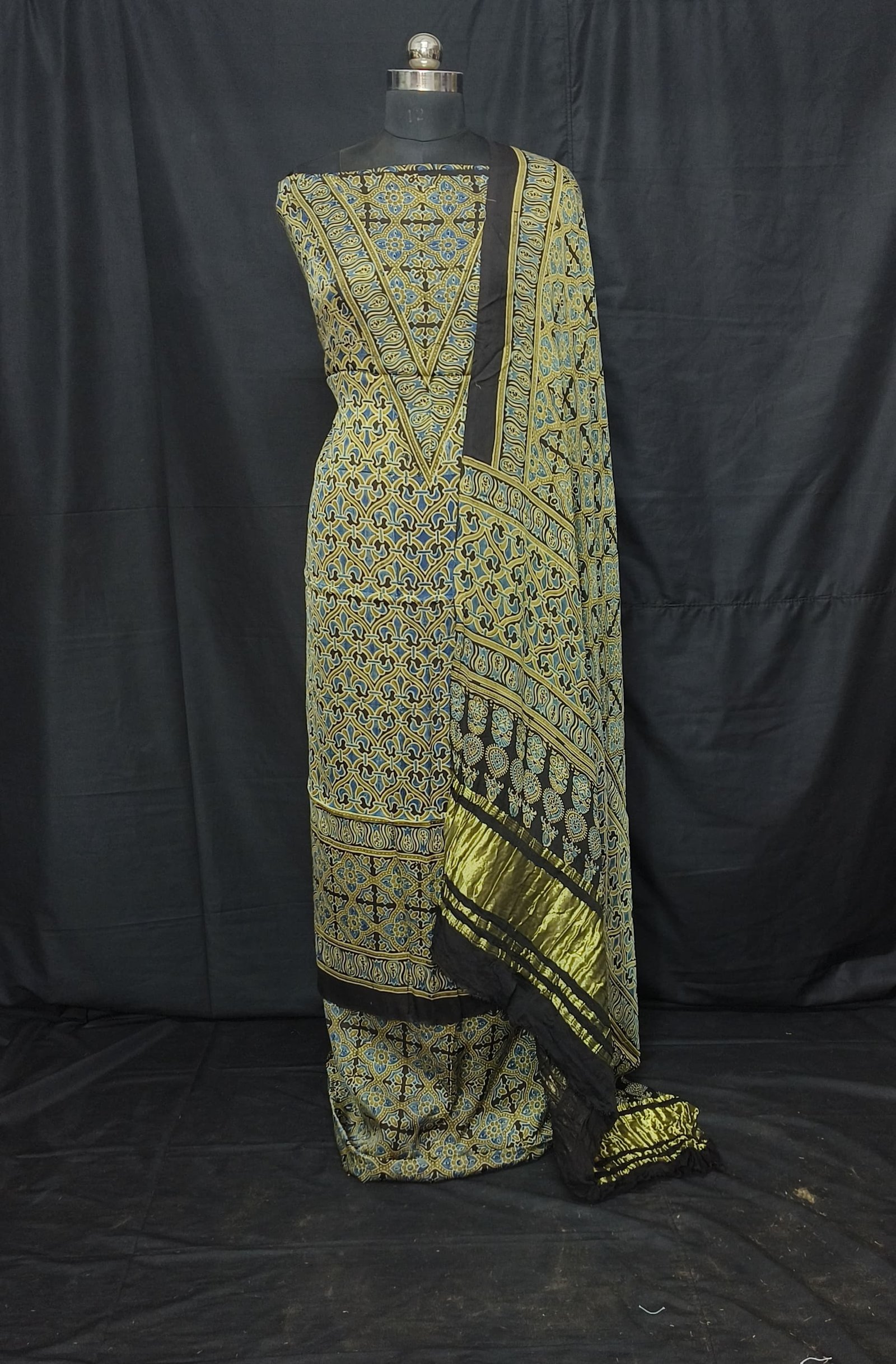 Ajrakh Modal Silk Natural Hand Block Print 3Pcs Suit - Black 