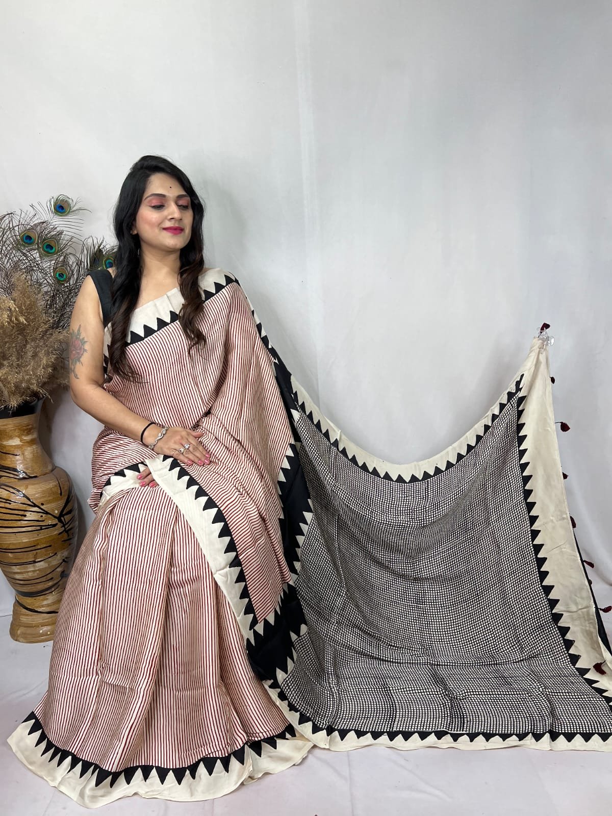 Ajrakh Modal Silk Natural Hand Block Print Saree - Cream & Red 