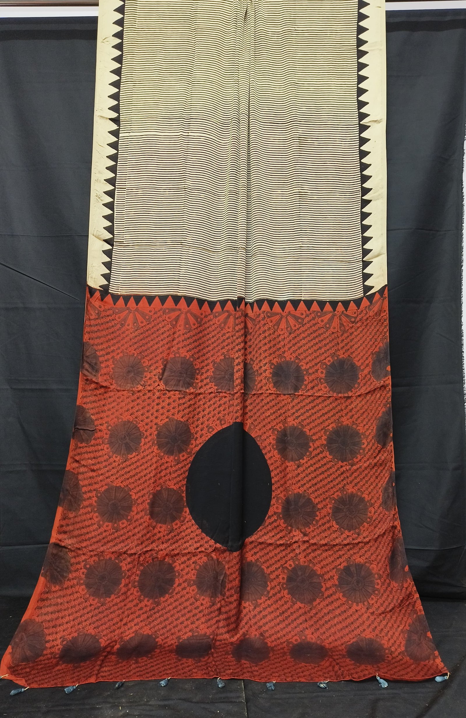 Ajrakh Modal Silk Natural Hand Block Print Saree - Cream & Red 