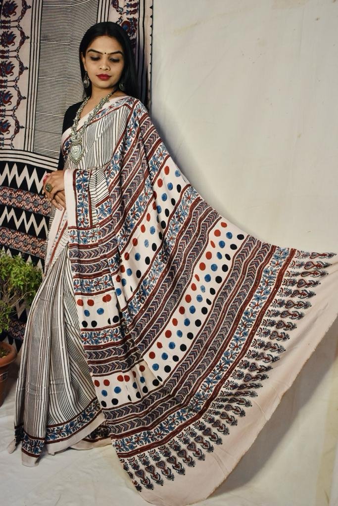 Ajrakh Modal Silk Natural Hand Block Print Saree (cream)