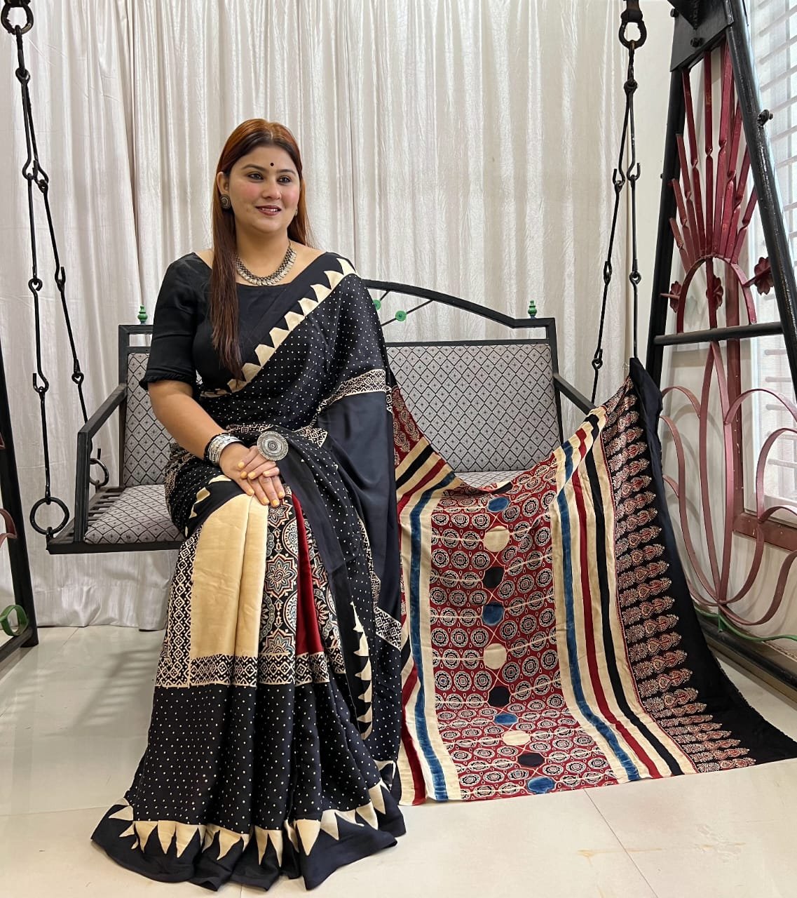 Ajrakh Modal Silk Natural Hand Block Print Saree - Black - Red 