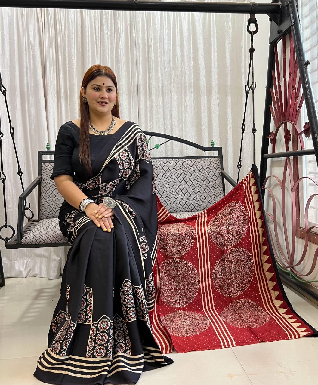 Ajrakh Modal Silk Natural Hand Block Print Saree - Black & Red 