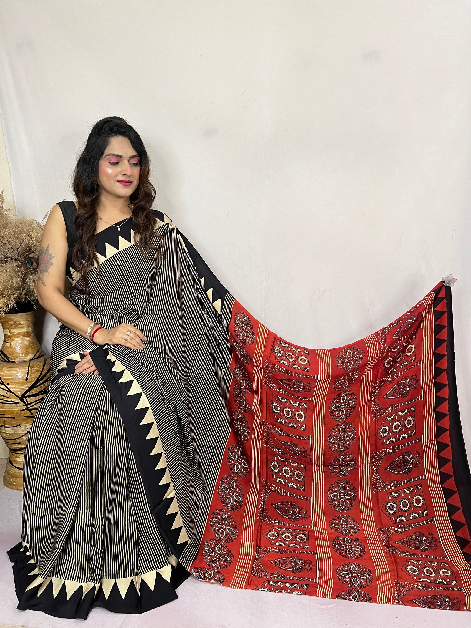 Ajrakh Modal Silk Natural Hand Block Print Saree (red & black)