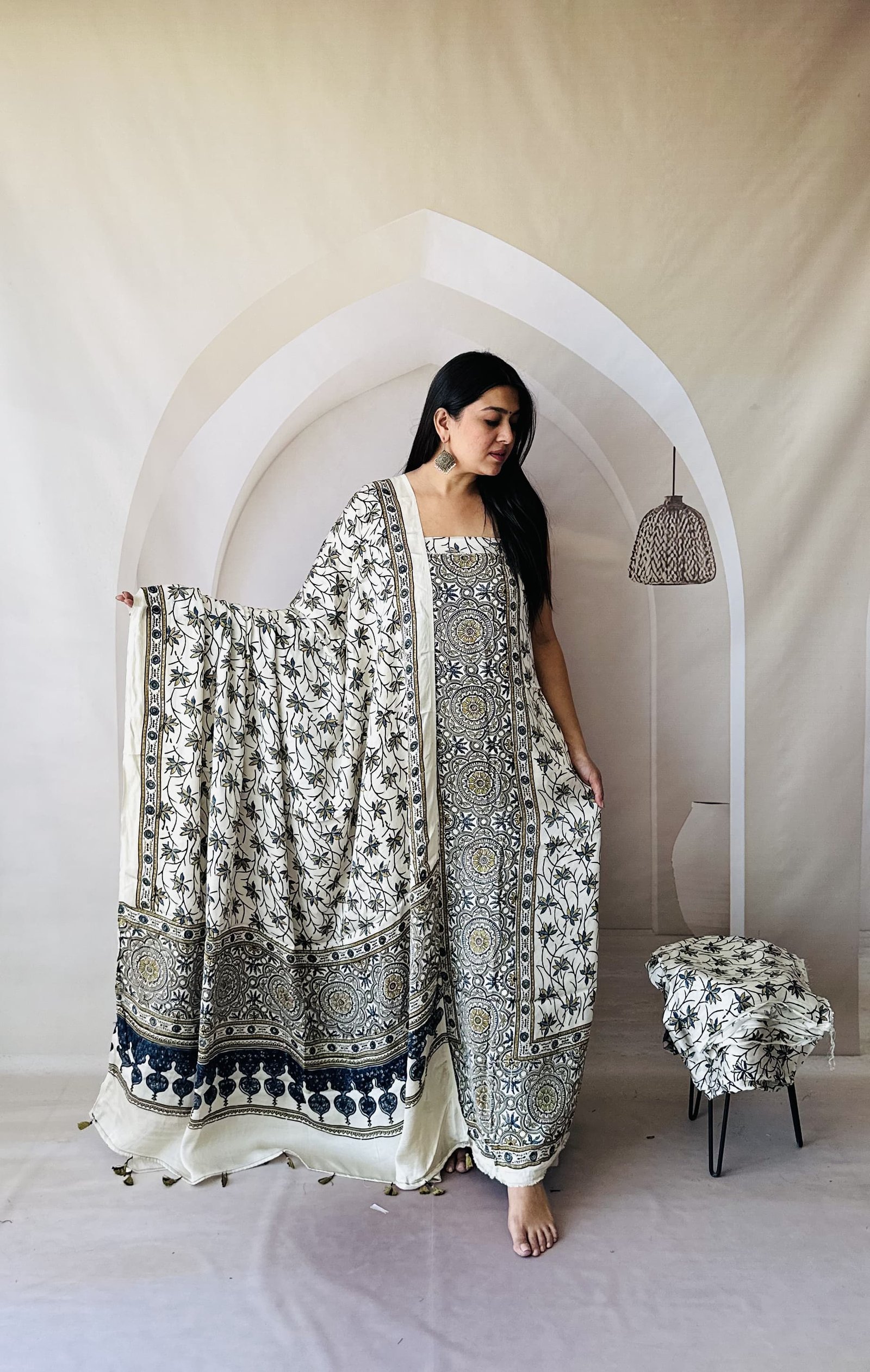 Ajrakh Modal Silk Natural Hand Block Print 3Pcs Suit - Off White 