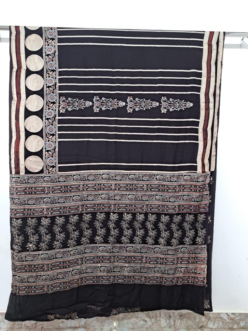 Ajrakh Modal Silk Natural Hand Block Print Saree (Black)