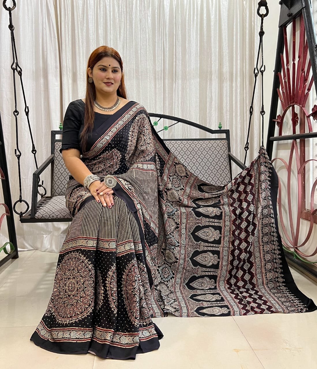 Ajrakh Modal Silk Natural Hand Block Print Saree - Black 