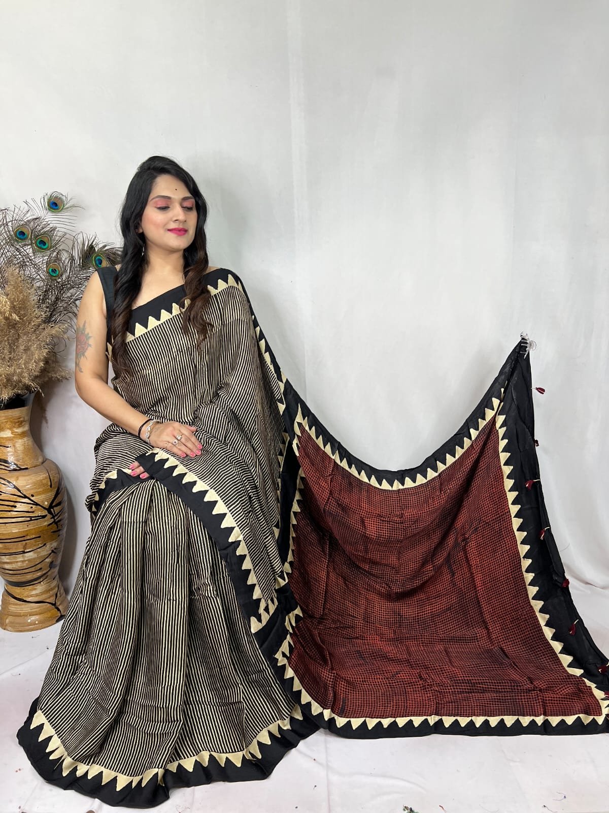 Ajrakh Modal Silk Natural Hand Block Print Saree - Black  