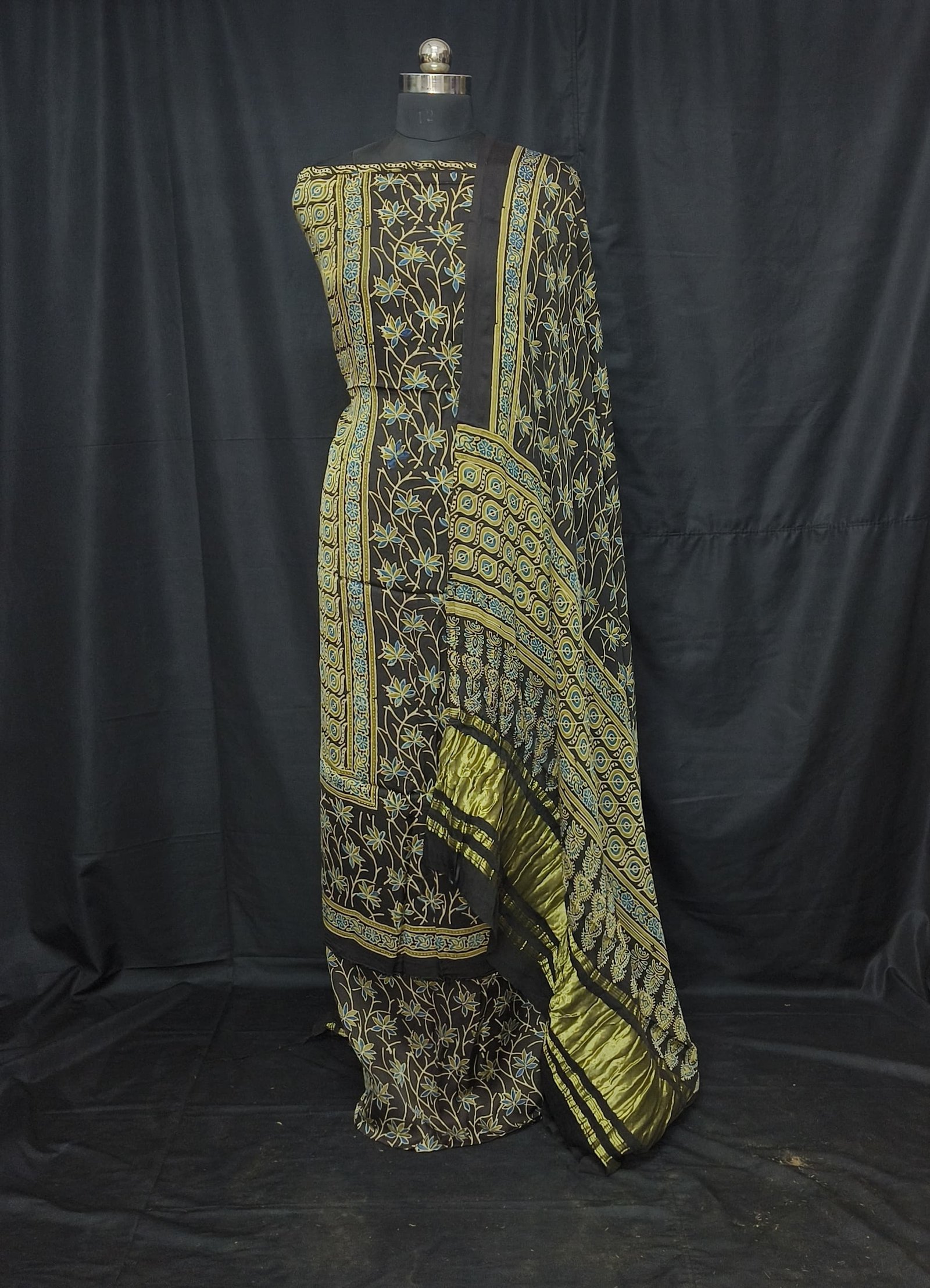 Ajarkh Modal Silk Natural Hand Block Print 3Pcs Suit - Black 