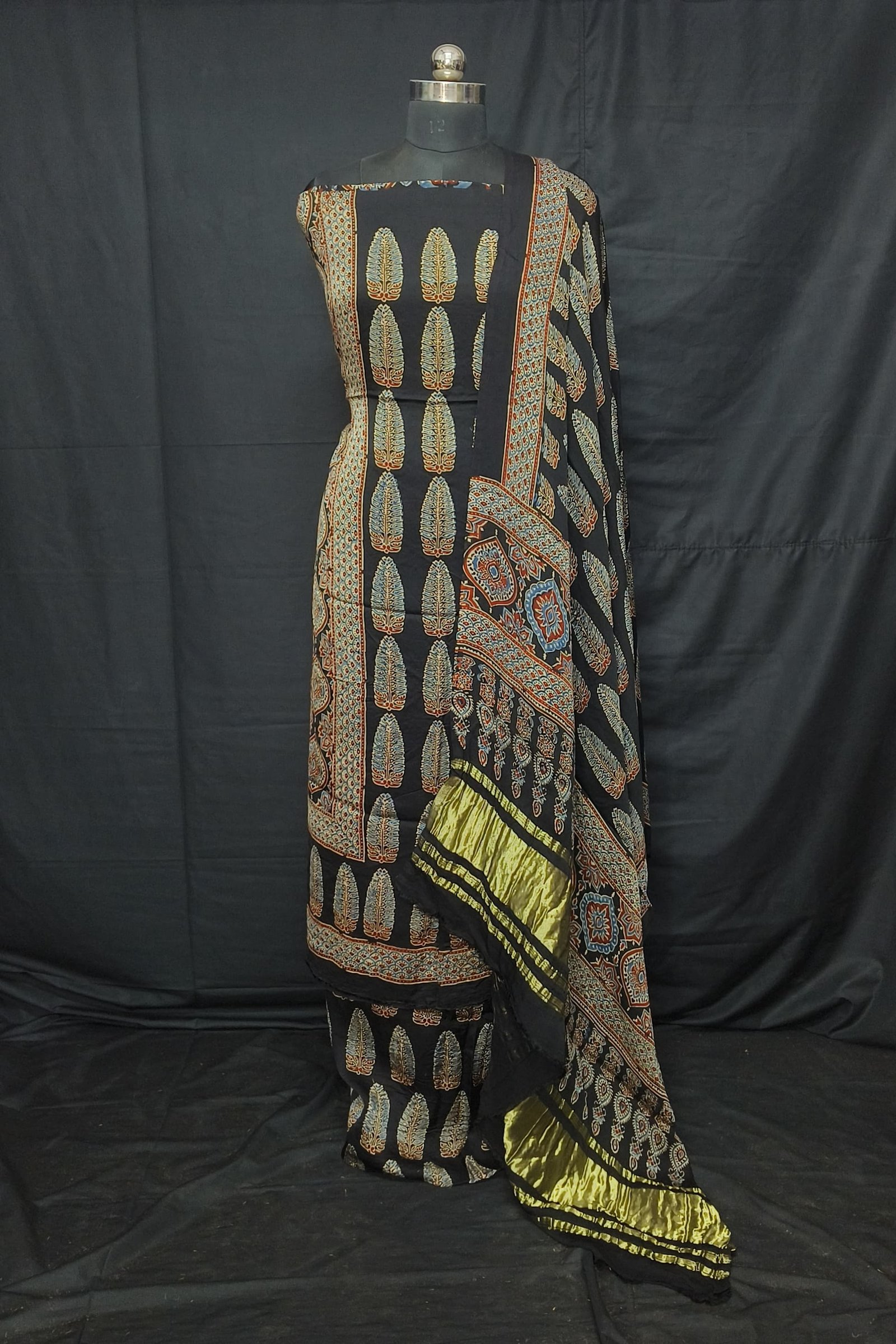 Ajrakh Modal Silk Natural Hand Block Print 3Pcs Suit - Black 