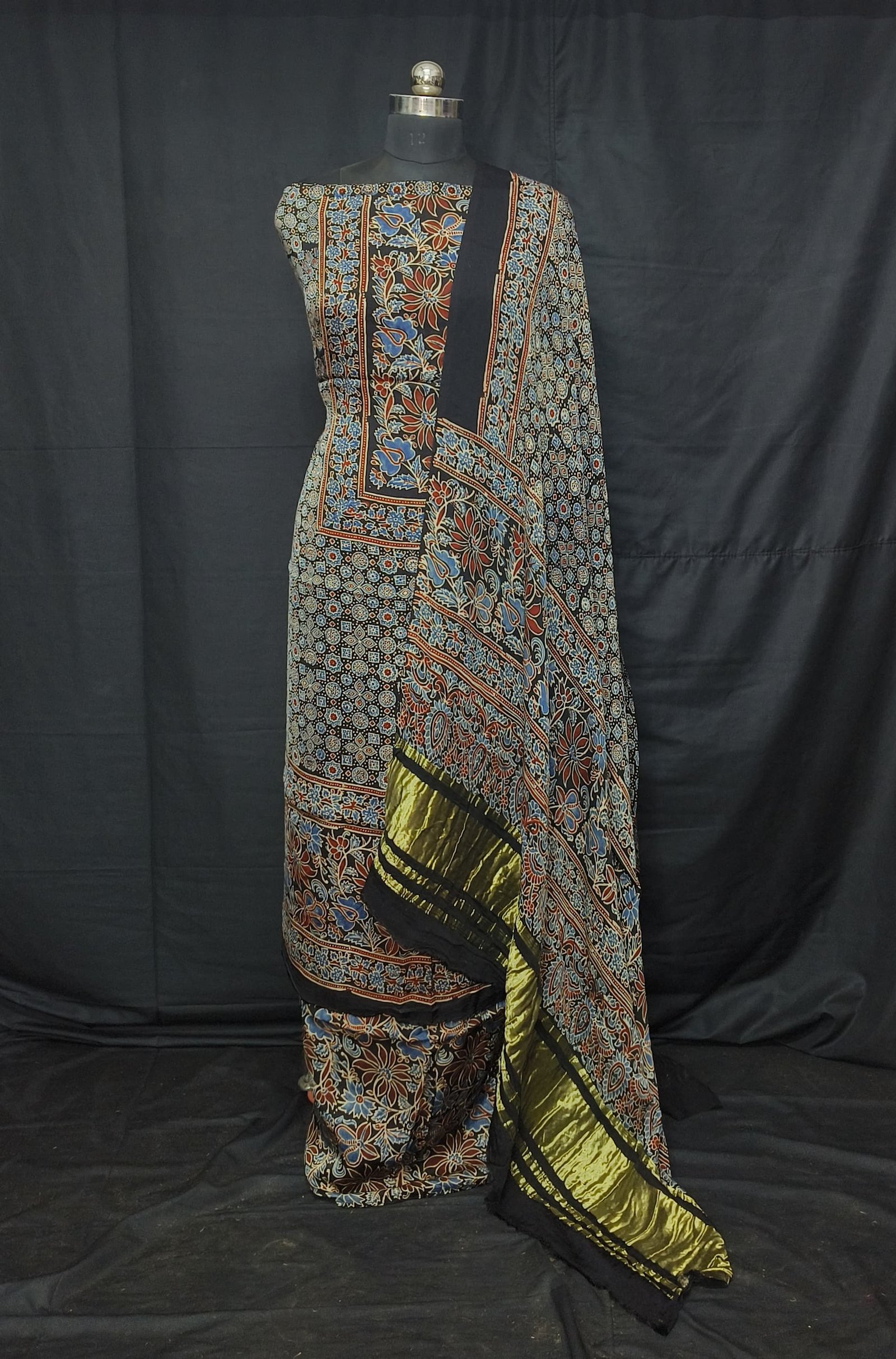 Ajrakh Modal Silk Natural Hand Block Print 3Pcs Suit - Black 