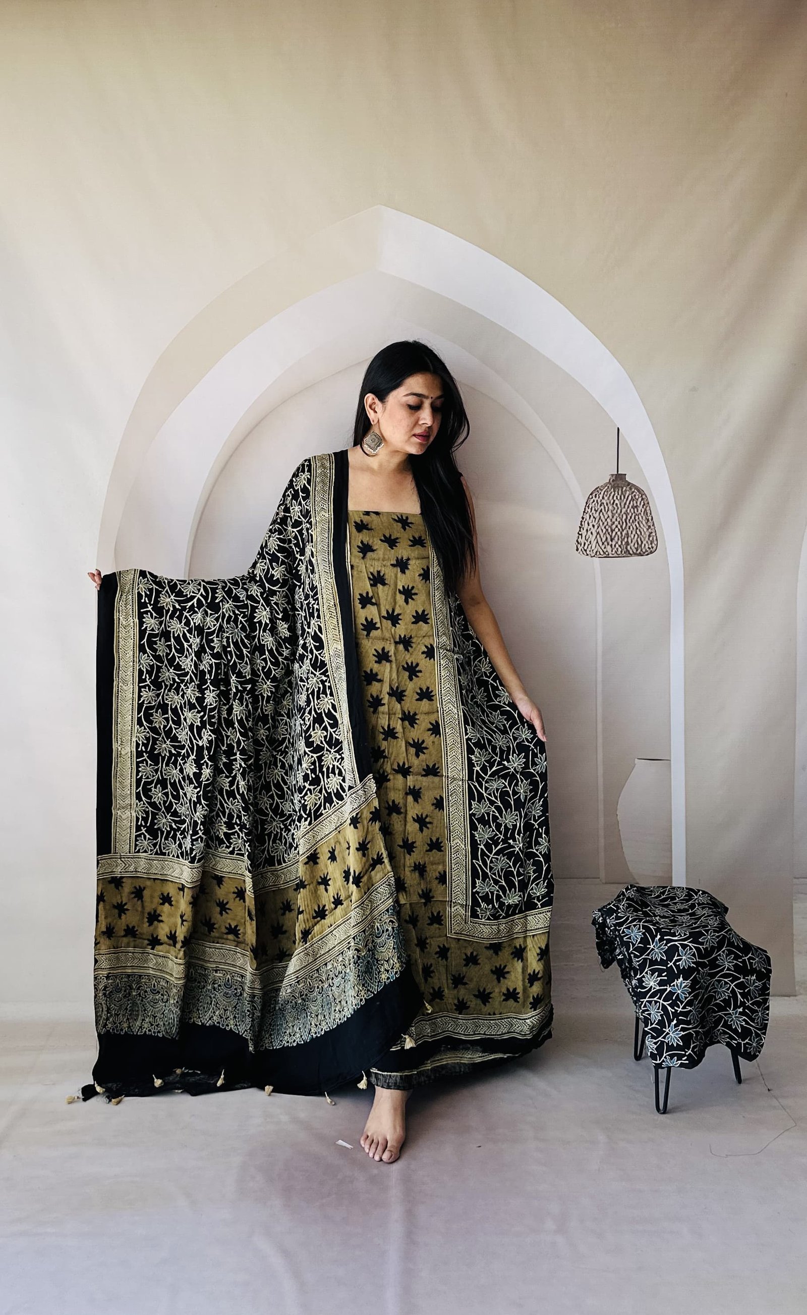 Ajrakh Modal Silk Natural Hand Block Print 3Pcs Suit - Black 