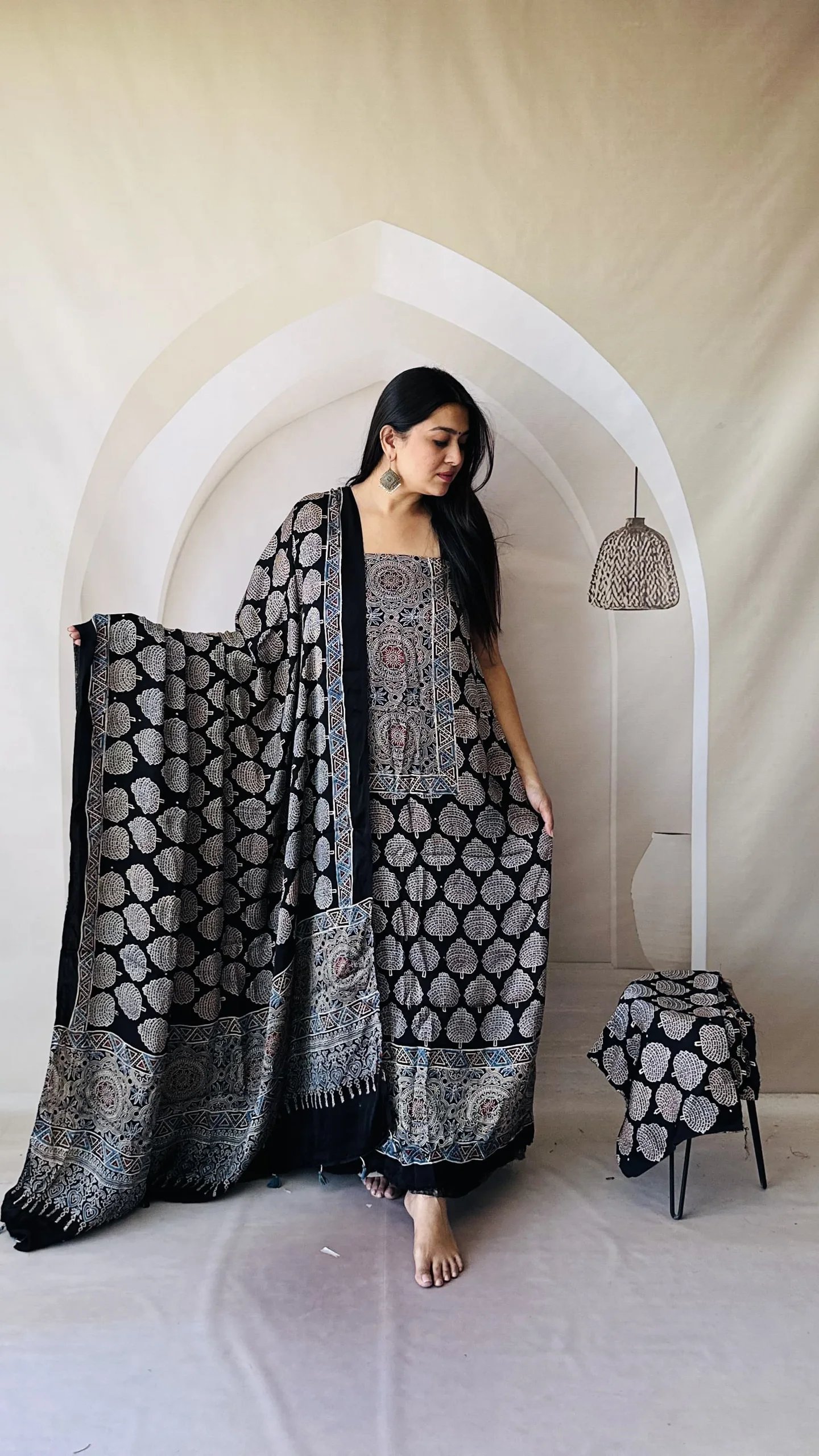 Ajrakh Modal Silk Natural Hand Block Print 3Pcs Suit - Black 