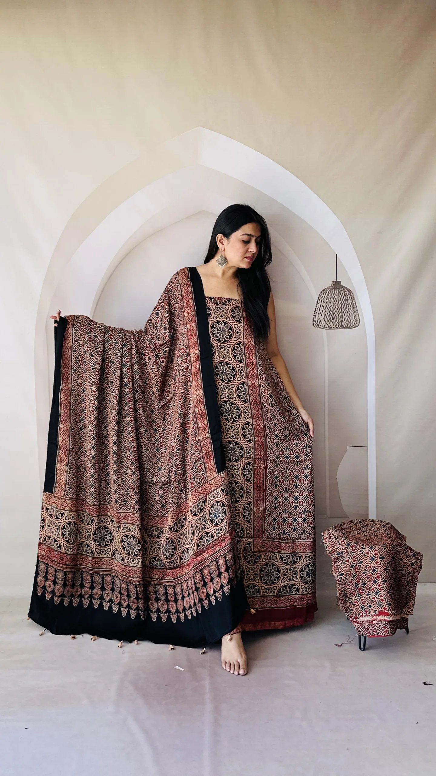 Ajrakh Modal Silk Natural Hand Block Print 3Pcs Suit - Red