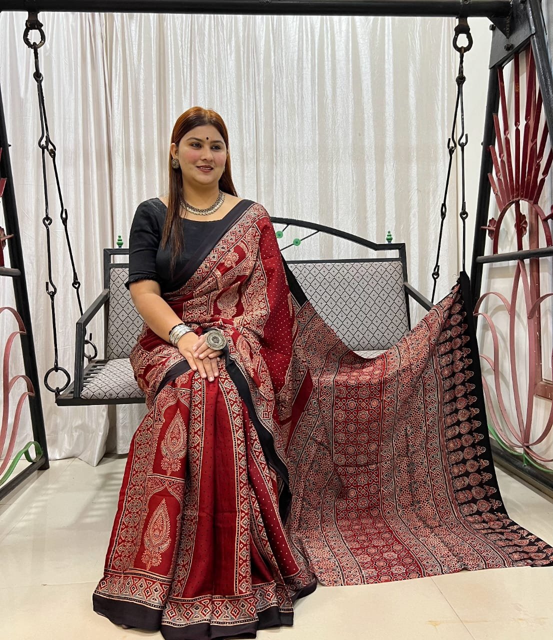 Ajrakh Modal Silk Natural Hand Block Print Saree - Red