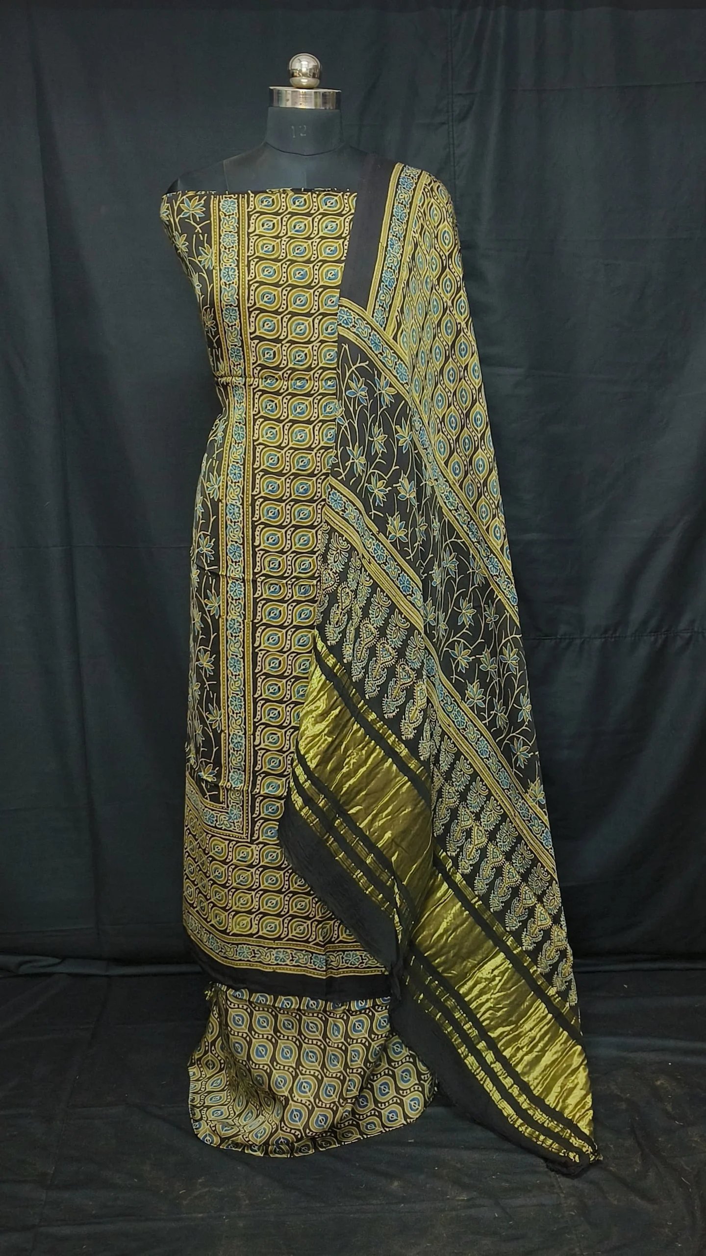 Ajrakh Modal Silk Natural Hand Block Print 3Pcs Suit - Black 