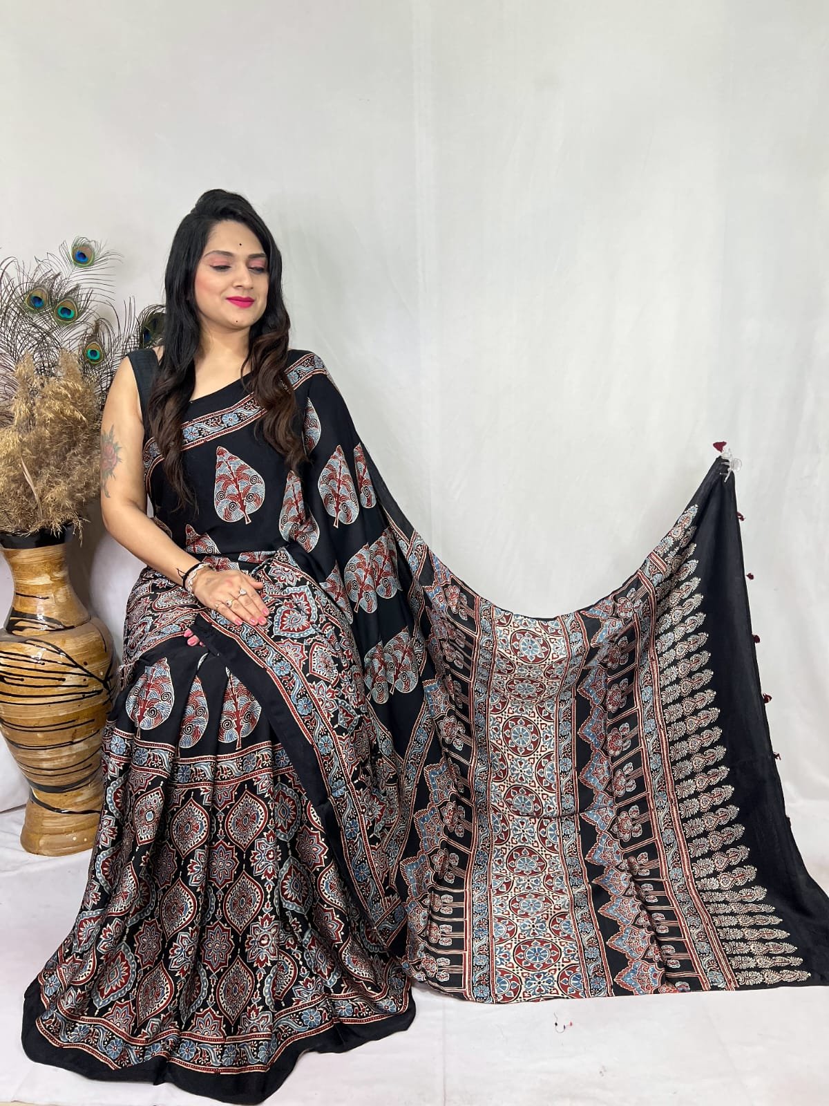 Ajrakh Modal Silk Natural Hand Block Print Saree - Black 