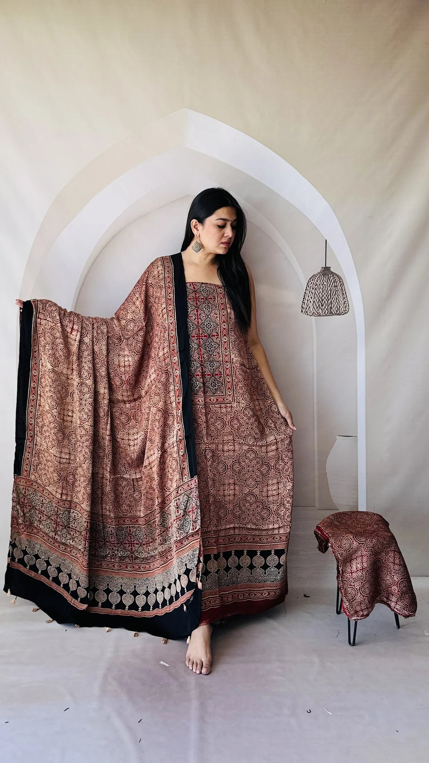 Ajrakh Modal Silk Natural Hand Block Print 3Pcs Suit - Red 