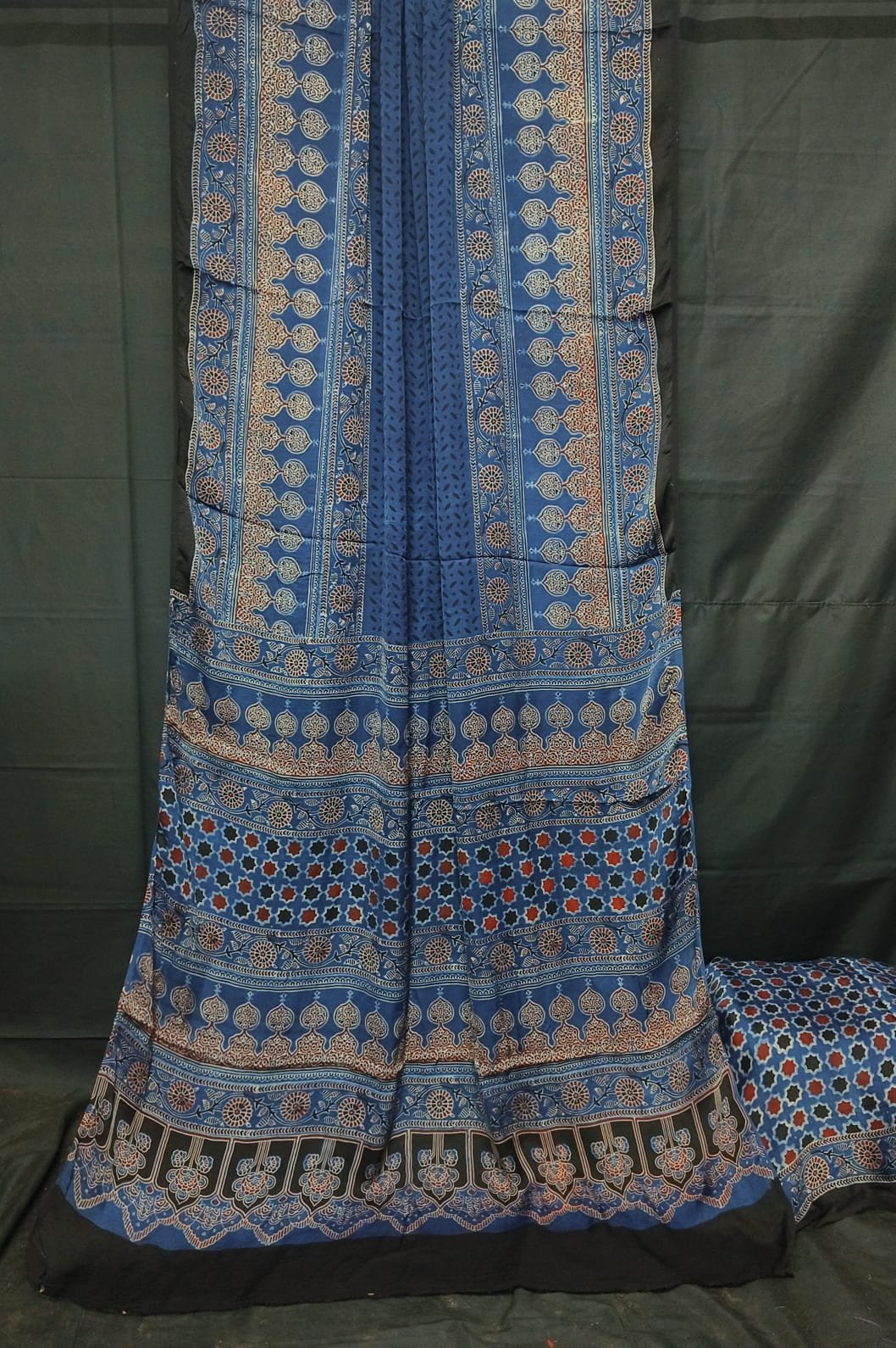 Ajrakh Modal Silk Natural Hand Block Print Saree - Blue 