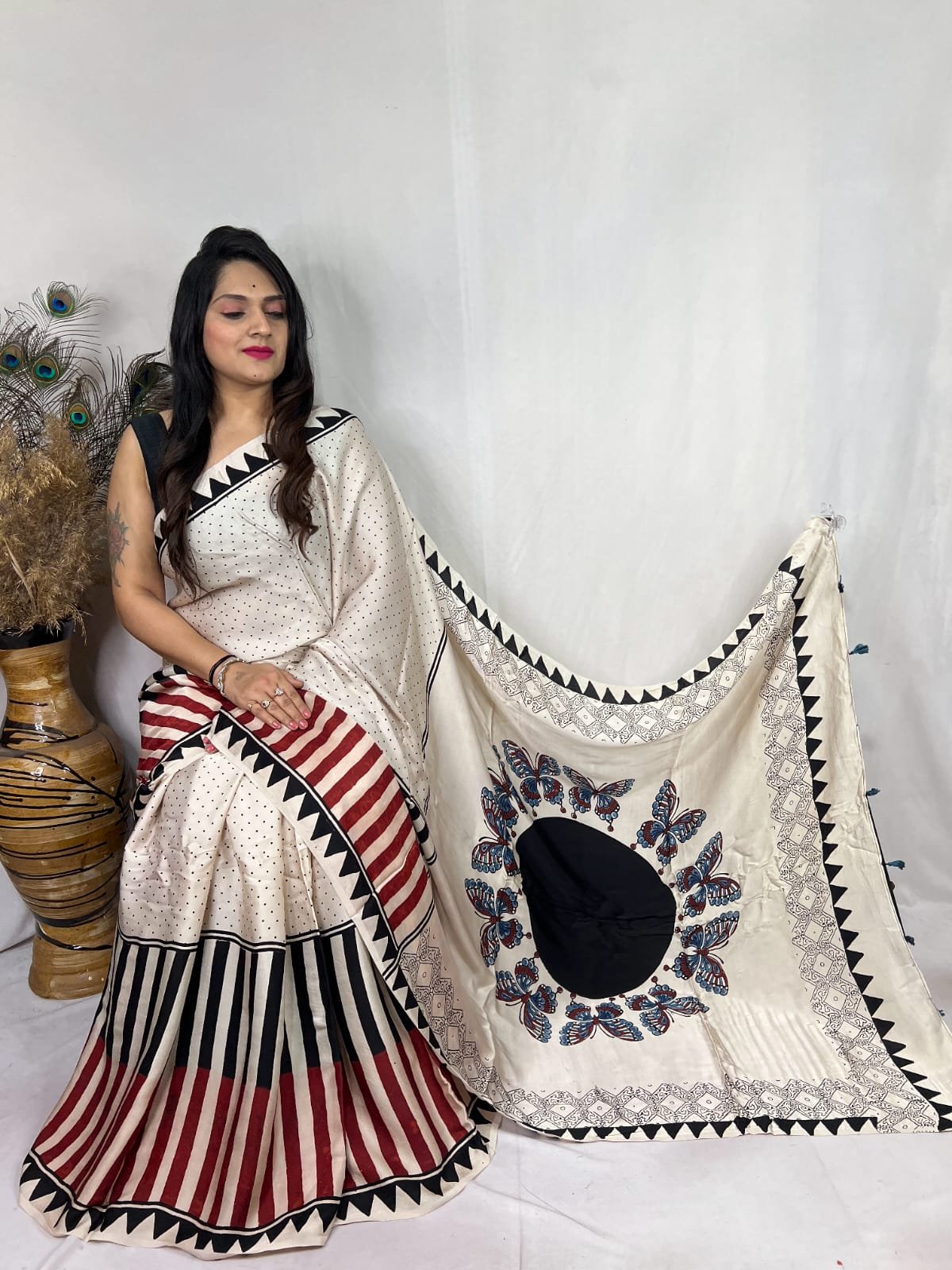 Ajrakh Modal Silk Natural Hand Block Print Saree - Cream 