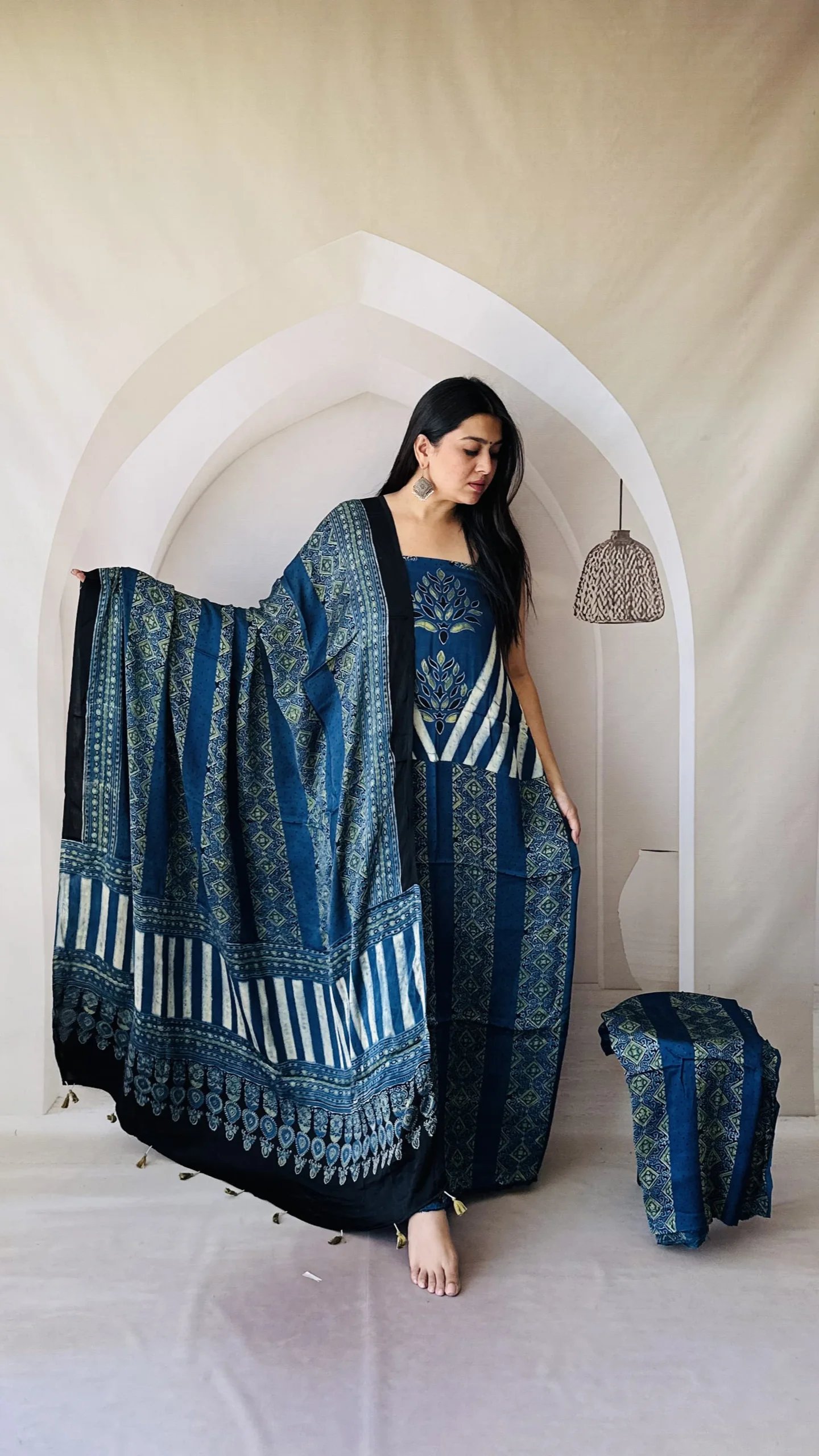 Ajrakh Modal Silk Natural Hand Block Print 3Pcs Suit - Indigo Blue 