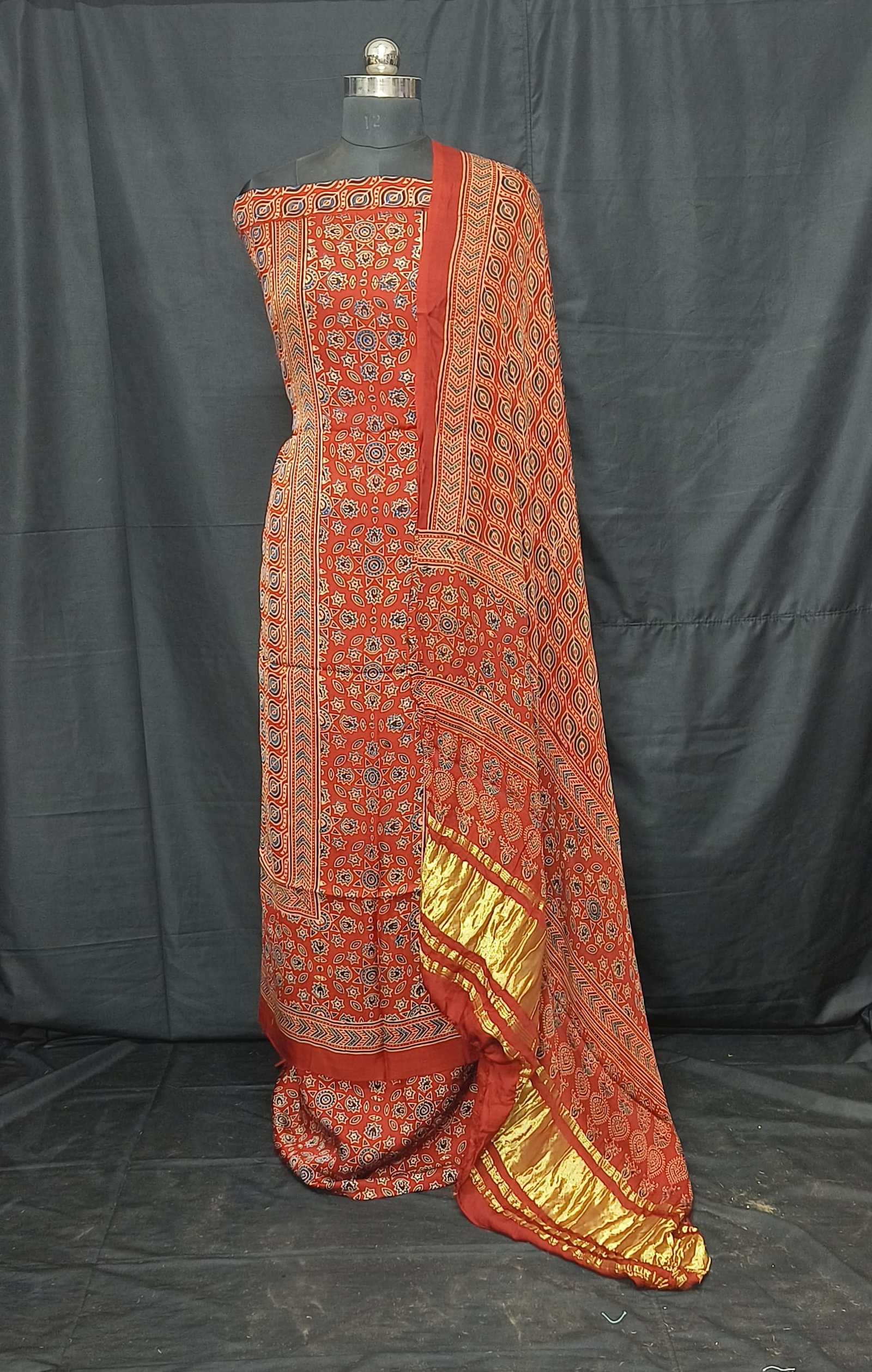 Ajrakh Modal Silk Natural Hand Block Print 3Pcs Suit - Red