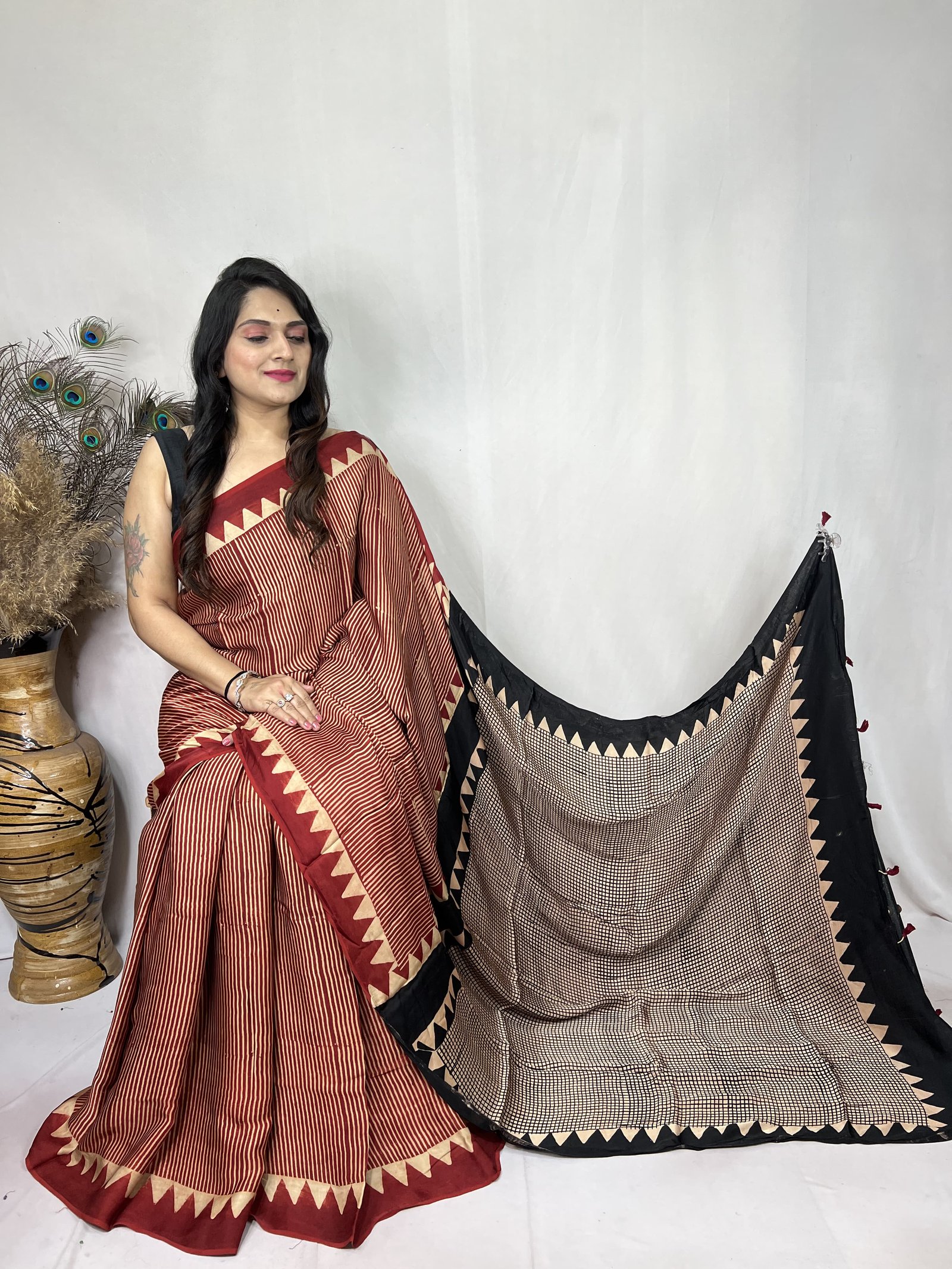 Ajrakh Modal Silk Natural Hand Block Print Saree - Red