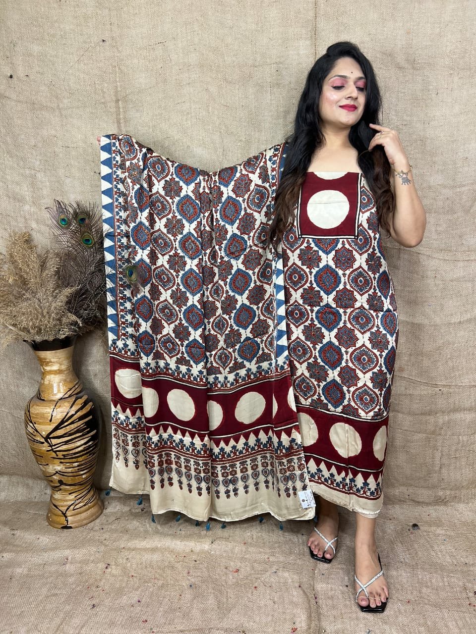 Ajrakh Modal Silk Natural Hand Block Print 2Pcs Suit - Cream & Red 