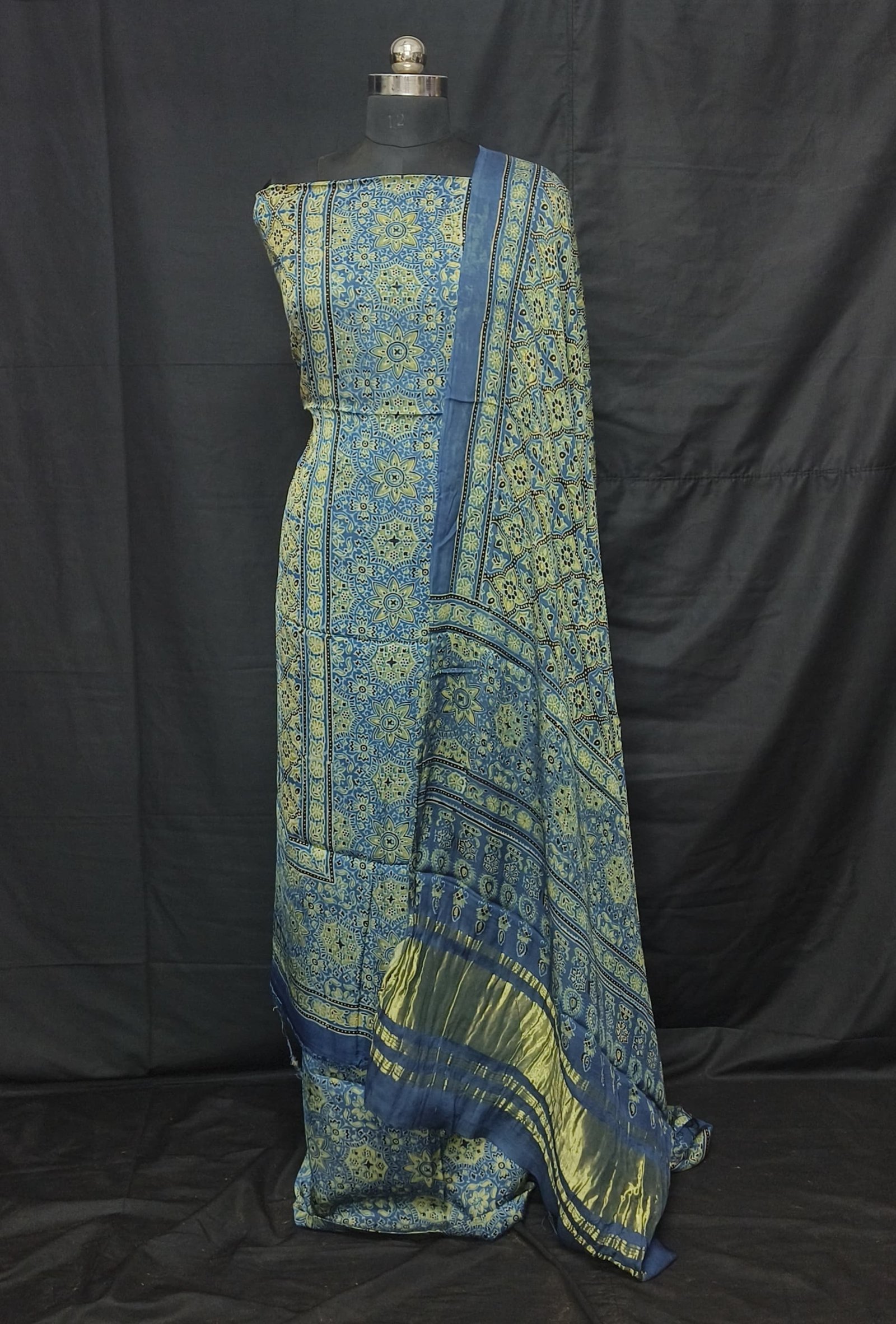 Ajrakh Modal Silk Natural Hand Block Print 3Pcs Suit - Indigo Blue 