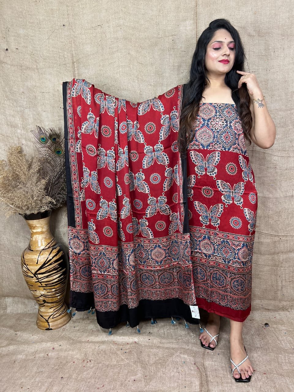 Ajrakh Modal Silk Natural Hand Block Print 2Pcs Suit - Red