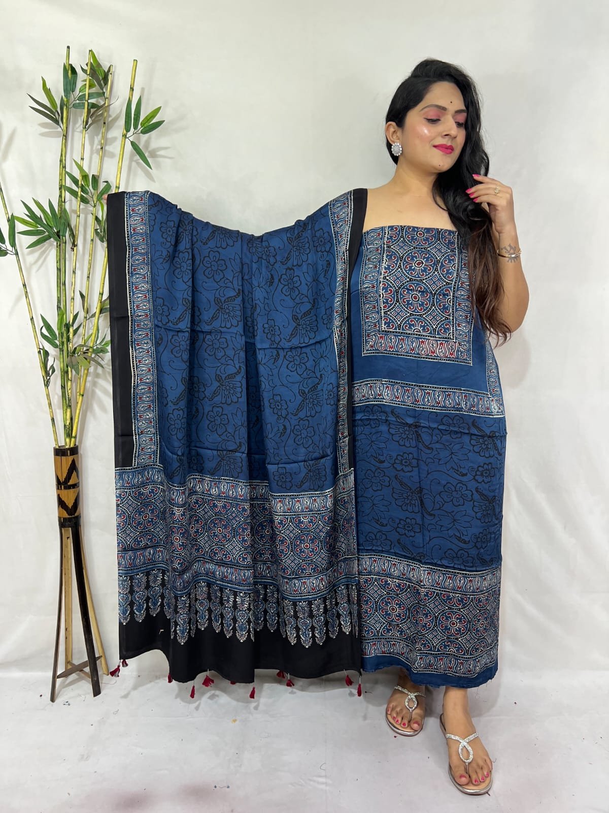 Ajarkh Modal Silk Natural Hand Block Print 2Pcs Suit - Indigo Blue 