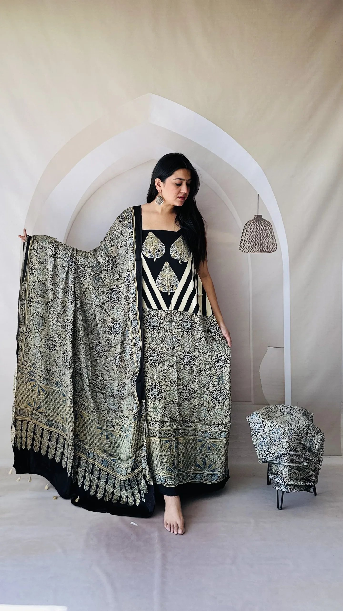 Ajrakh Modal Silk Natural Hand Block Print 3Pcs Suit - Black 