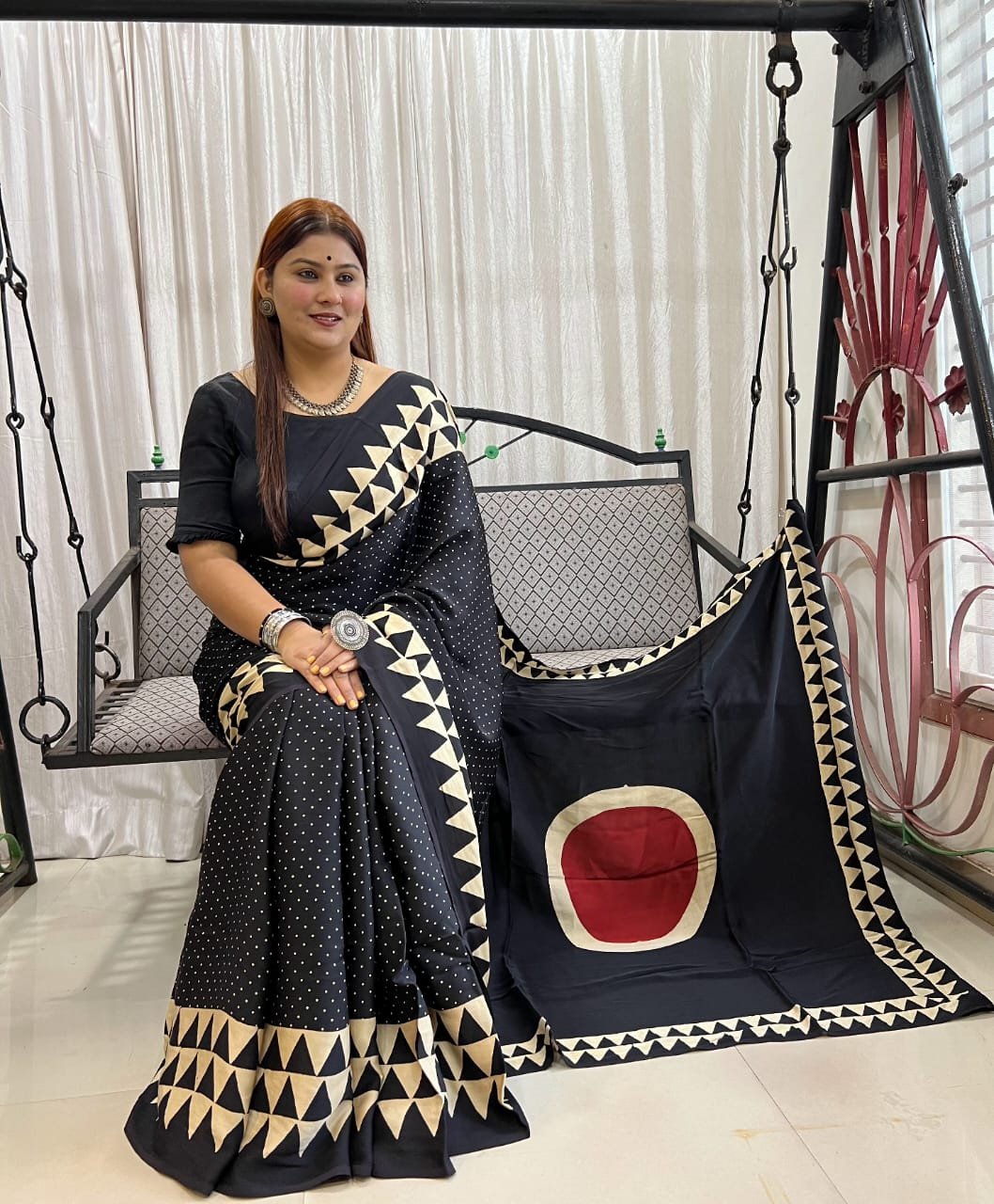 Ajrakh Modal Silk Natural Hand Block Print Saree - Black 
