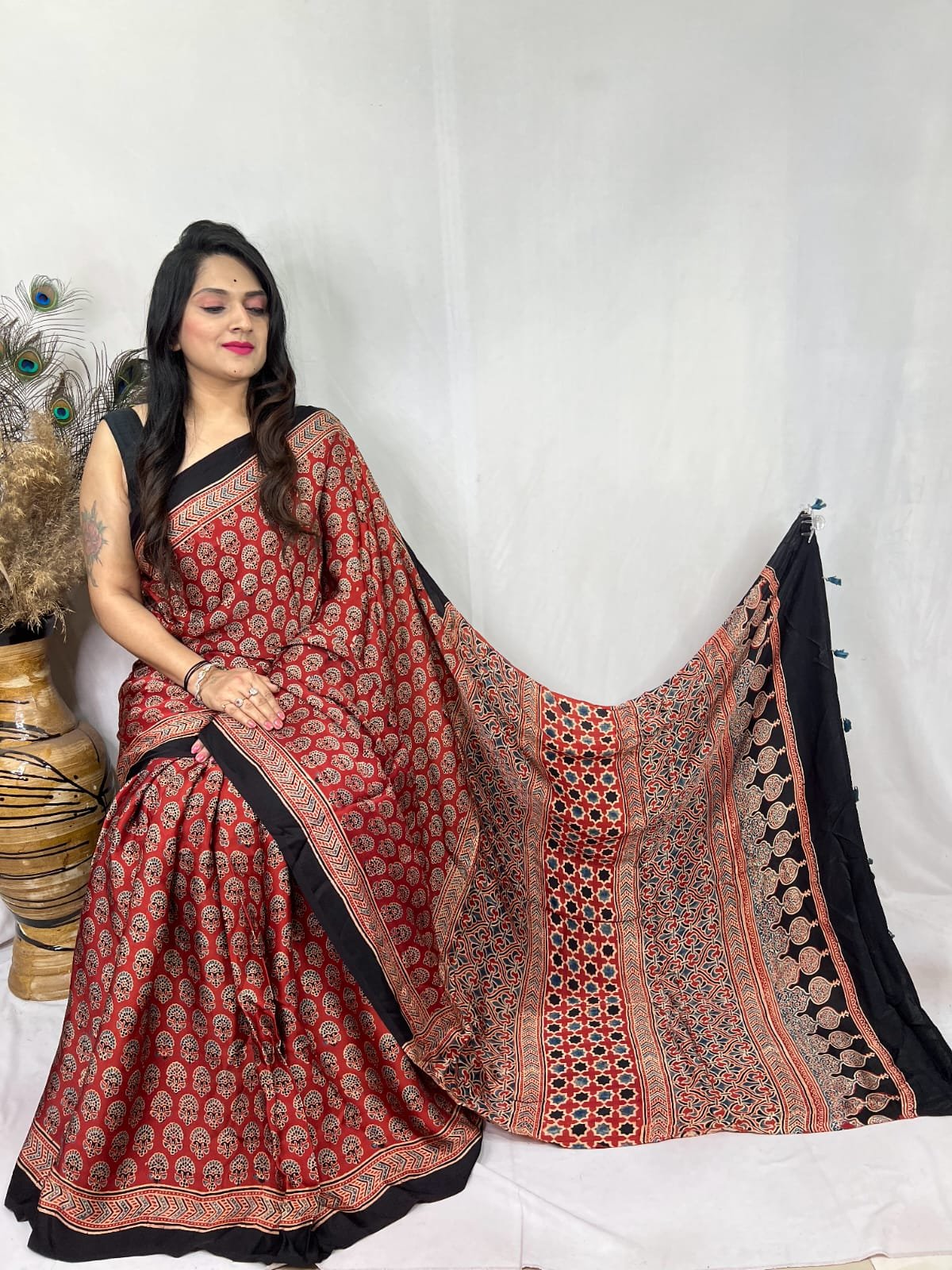 Ajrakh Modal Silk Natural Hand Block Print Saree - Red