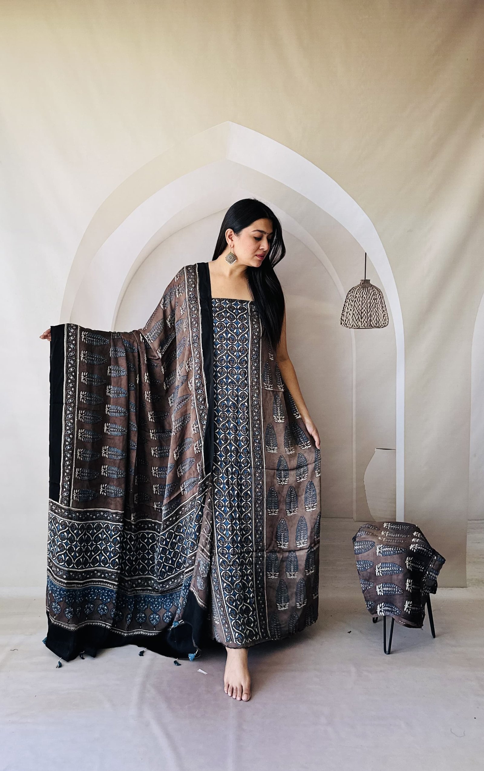 Ajrakh Modal Silk Natural Hand Block Print 3Pcs Suit - Coffee 