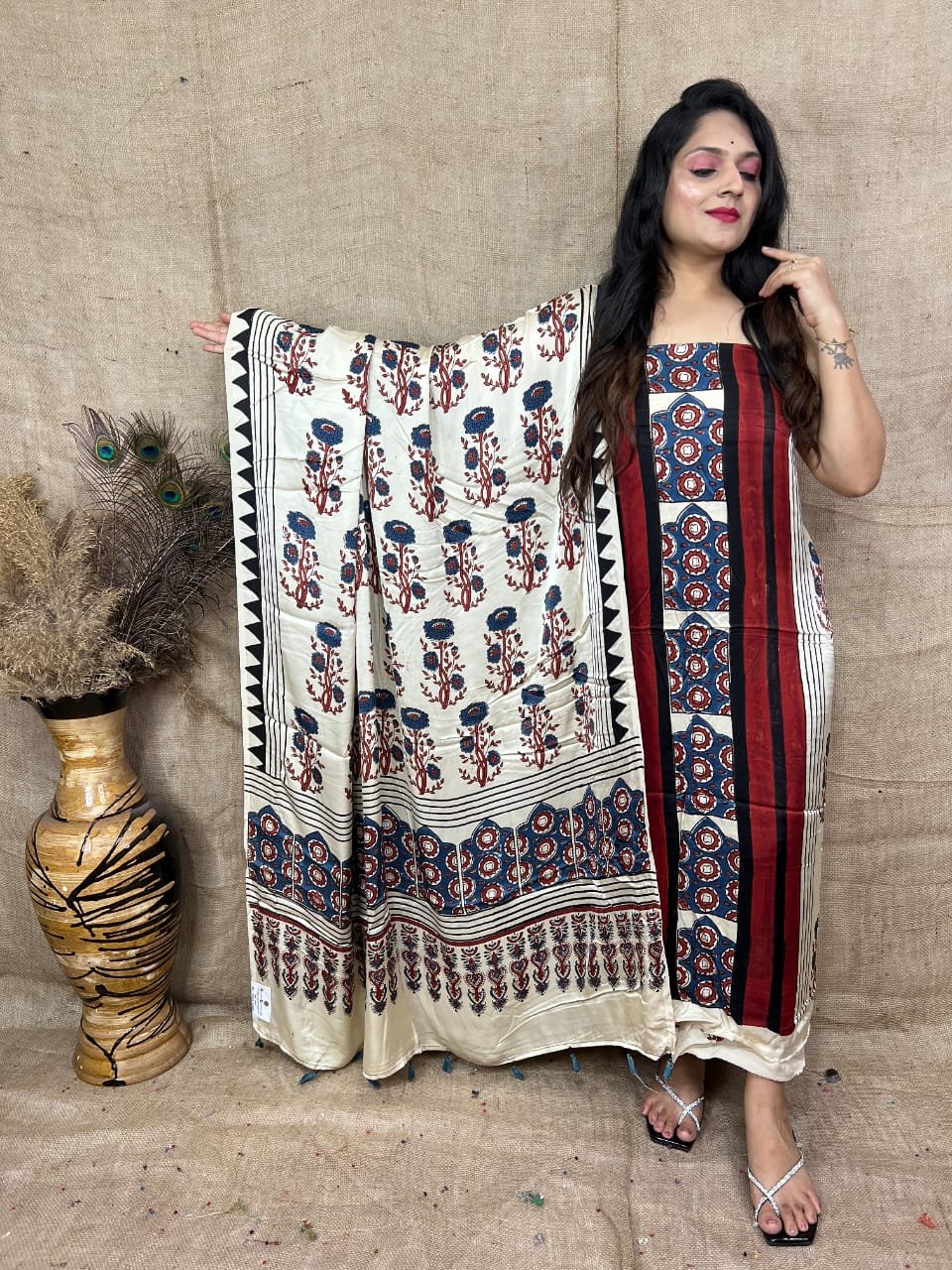 Ajrakh Modal Silk Natural Hand Block Print 2Pcs Suit - Cream & Red 
